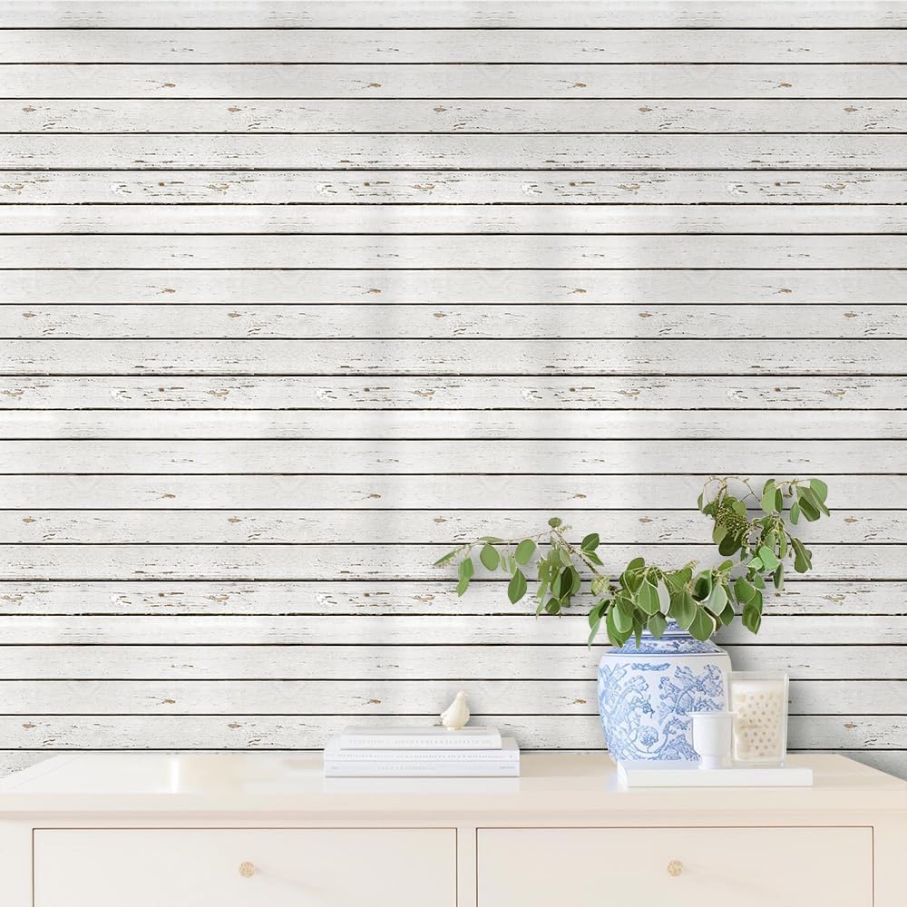 COMSTICKC Peel and Stick Faux Wood Wall Panels Shiplap Wall Sticker, 10 Pcs of 12" x 12", Ultra-Light Thin PVC 3D Fake Wood Adhesive Wall Covering Wallpaper Interior Decor, Vintage White Grain