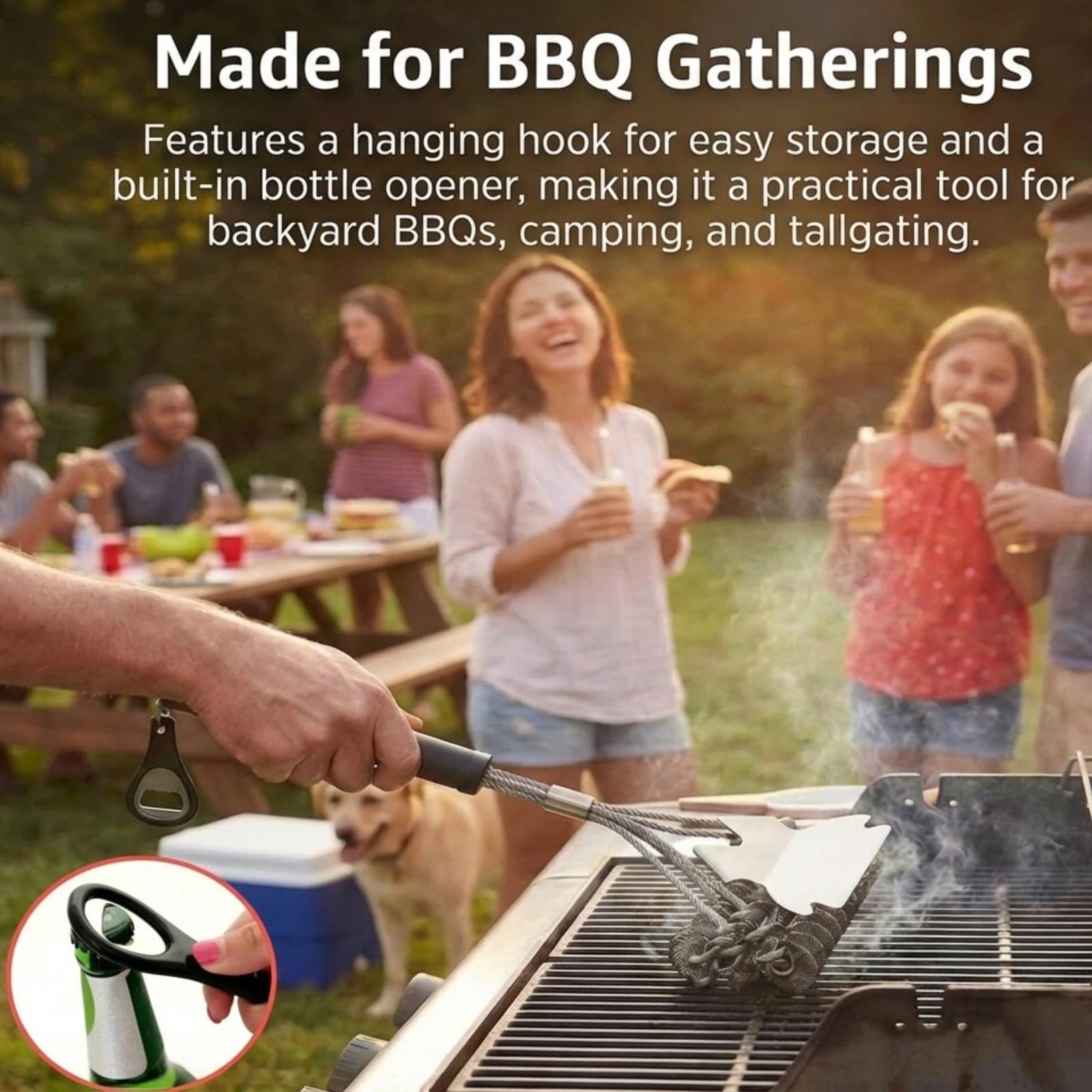 Grillbürste mit langem Griff & Flaschenöffner - Borstenfreier Edelstahl BBQ Scraper & Cleaner - Sicher für Porzellan, Weber, Gas & Holzkohlegrills - Ideales Geschenk für Papa & BBQ