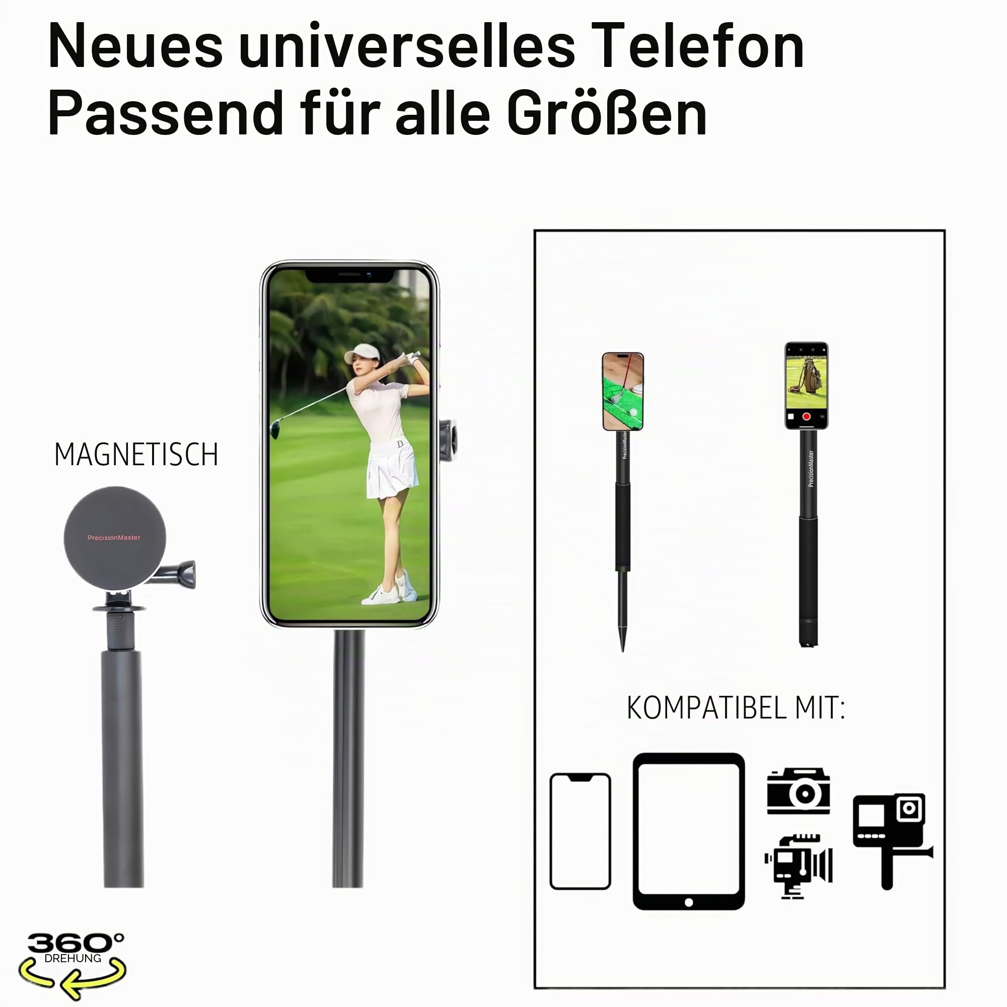 PräzisionsMeister Golf Einbeinstativ Selfie Stick, Golfschwung aufnehmen mit magnetischer Handyhalterung, Verstellbares Stativ mit Erdspieß, Kompatibel mit GoPro Insta