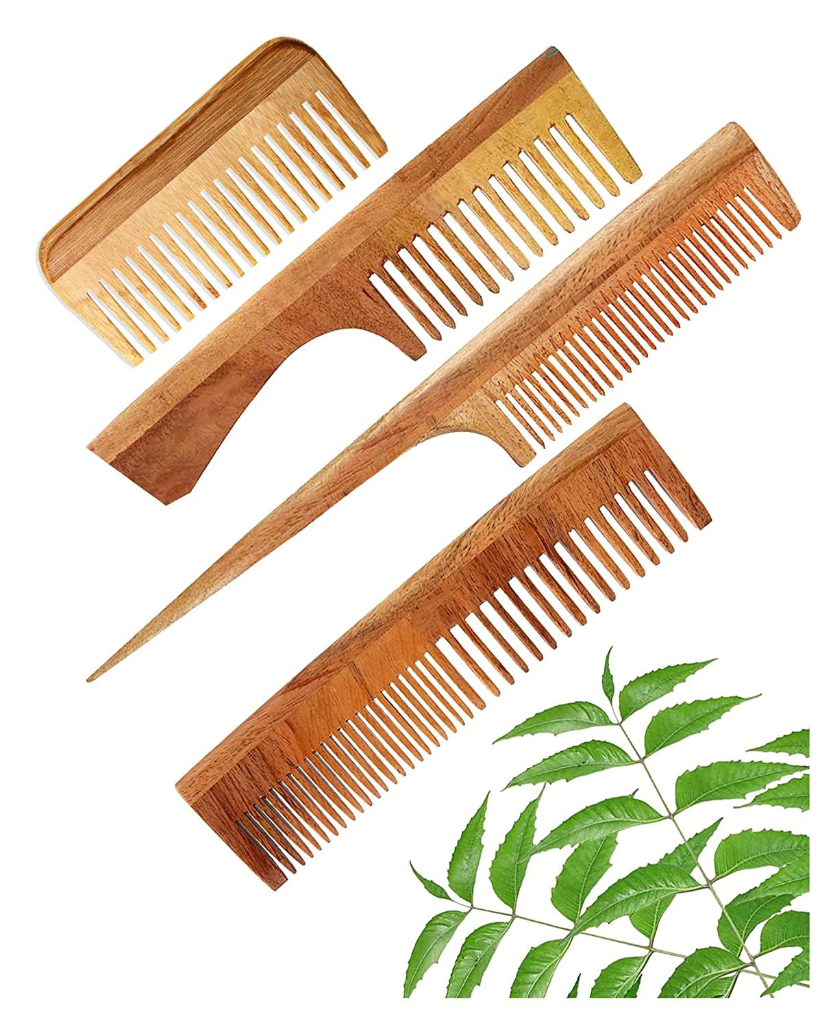 DAUMI Organic Neem Wood Anti Dandruff Hair Comb Combo (pack of 4) Natural & Eco-Friendly | Hair Styling Comb with Fine & Wide Teeth Comb | Made in India-image-2