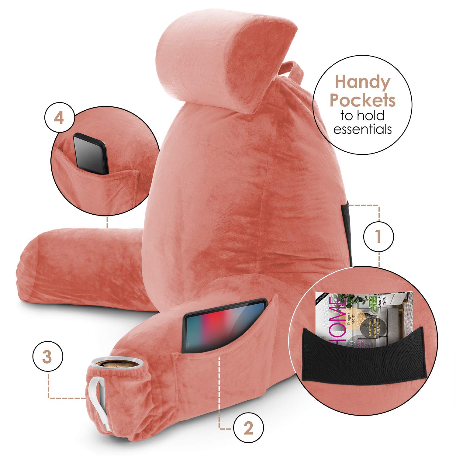 Clara Clark Reading Pillow Adult, Back Pillow for Sitting in Bed - Shredded Memory Foam Reading & Bed Rest Pillow with Arms and Pockets - Bed Pillows for Sitting Up in Bed - Large, Misty Rose