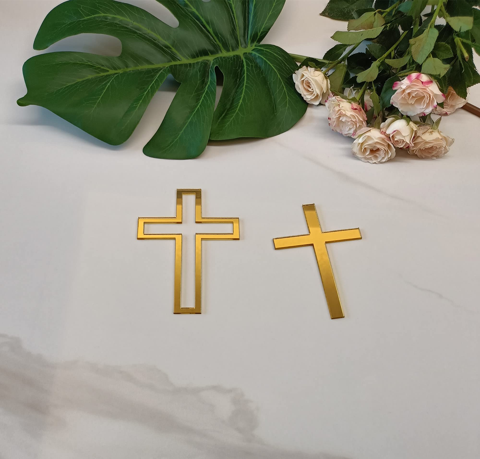 RUIXUAN 16pcs of Acrylic Cross Cake Topper,Cross Cake Charm for Baptism,Christening,Holy Communion Cake (6'', Gold Mirror)