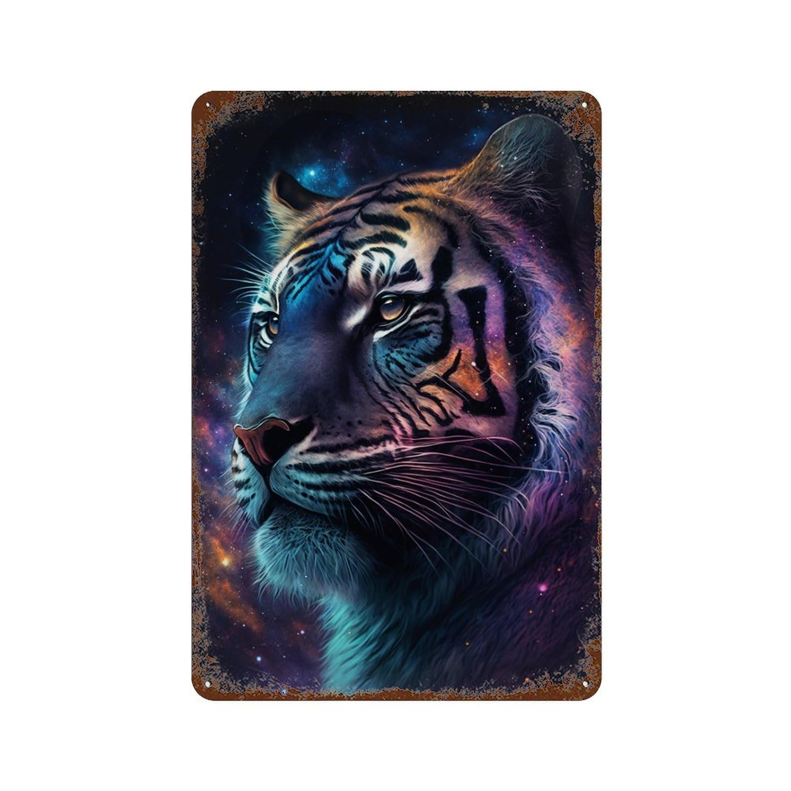 Rust Effect Cosmic Tiger Portrait Art Print Aged Metal Wall Plaque 11.8"x7.9", Shabby Chic Decor for Living Room, Hallway And Home Decor