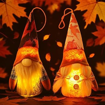 Sunshine smile Pack of 2 Autumn Decoration Gnome Autumn Decoration Gnome Figures with Light Handmade Thanksgiving Faceless Doll Dwarf Halloween Decoration with LED Autumn Harvest Illuminated Gnome
