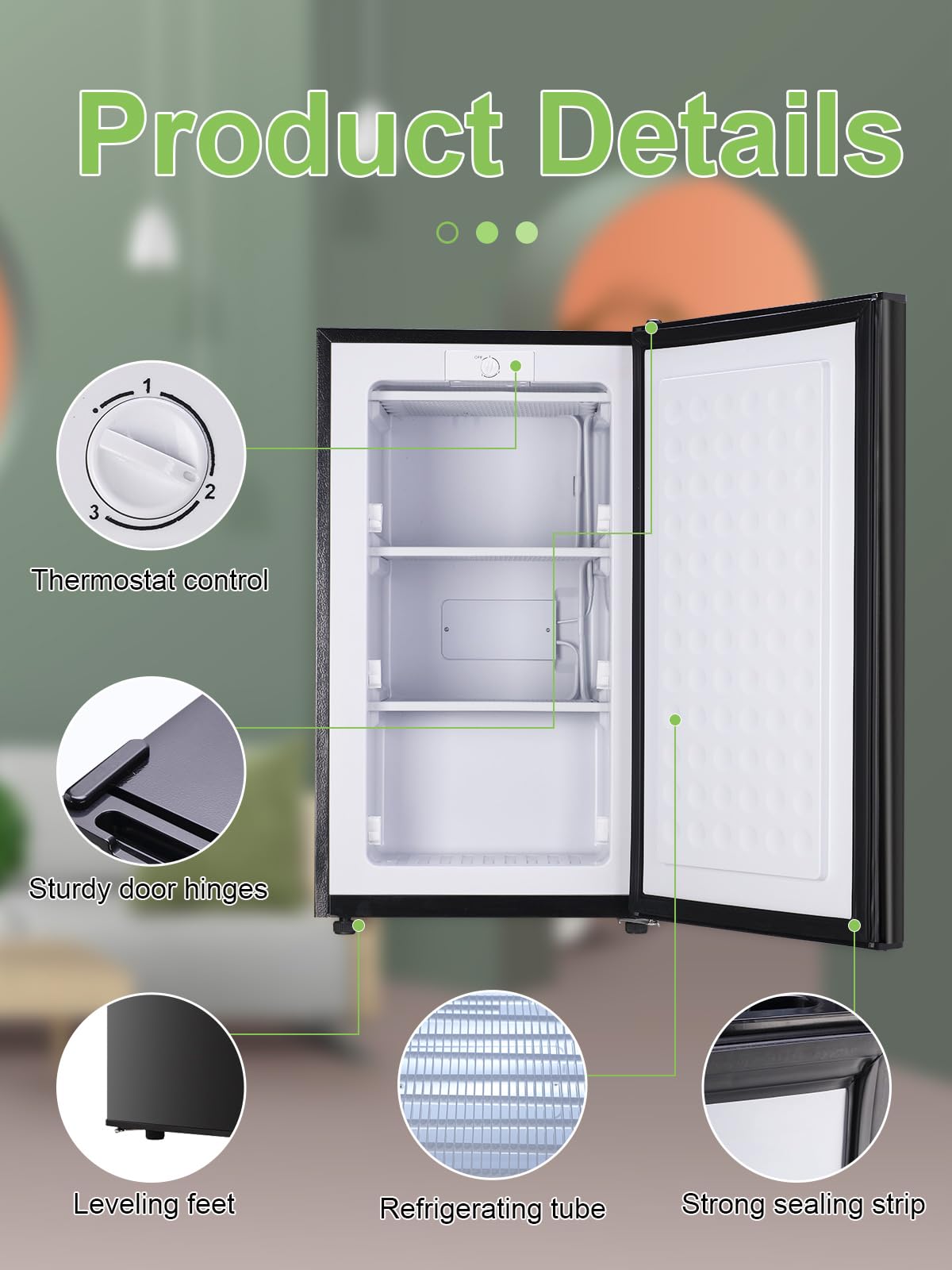Krib Bling 3.0 Cu.Ft Compact Upright Freezer With Single Door, Two Shelves Mini Freezer With Three Adjustable Thermostat, -22°F And 32°F (0°C And -30°C)., For Home, Kitchen, Office, Black on Fridge.com - View 4