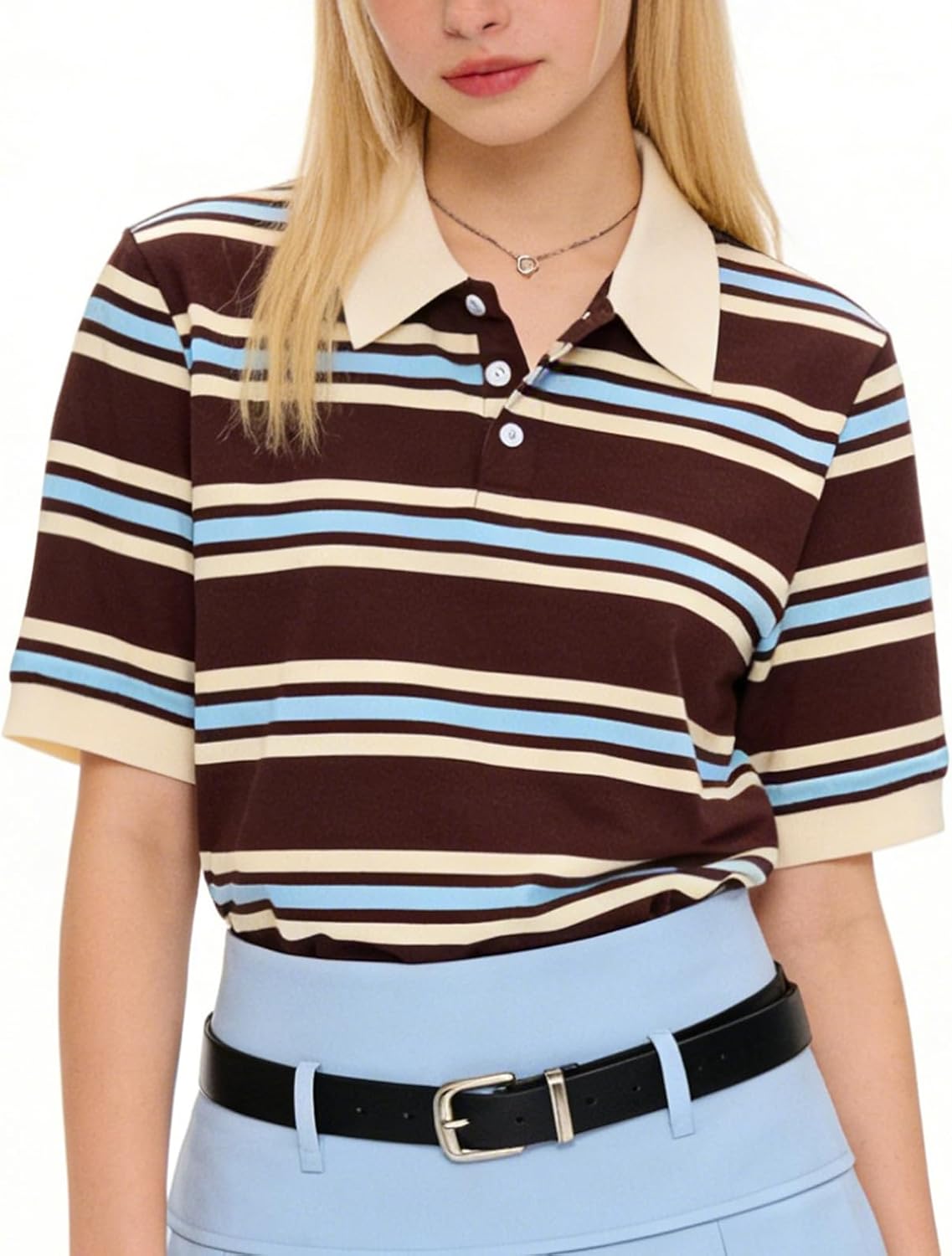 Women's Striped Polo T Shirt, Soft Cotton Knit 3-Button Short Sleeve Tees, Y2K Preppy Casual Girls Summer Top
