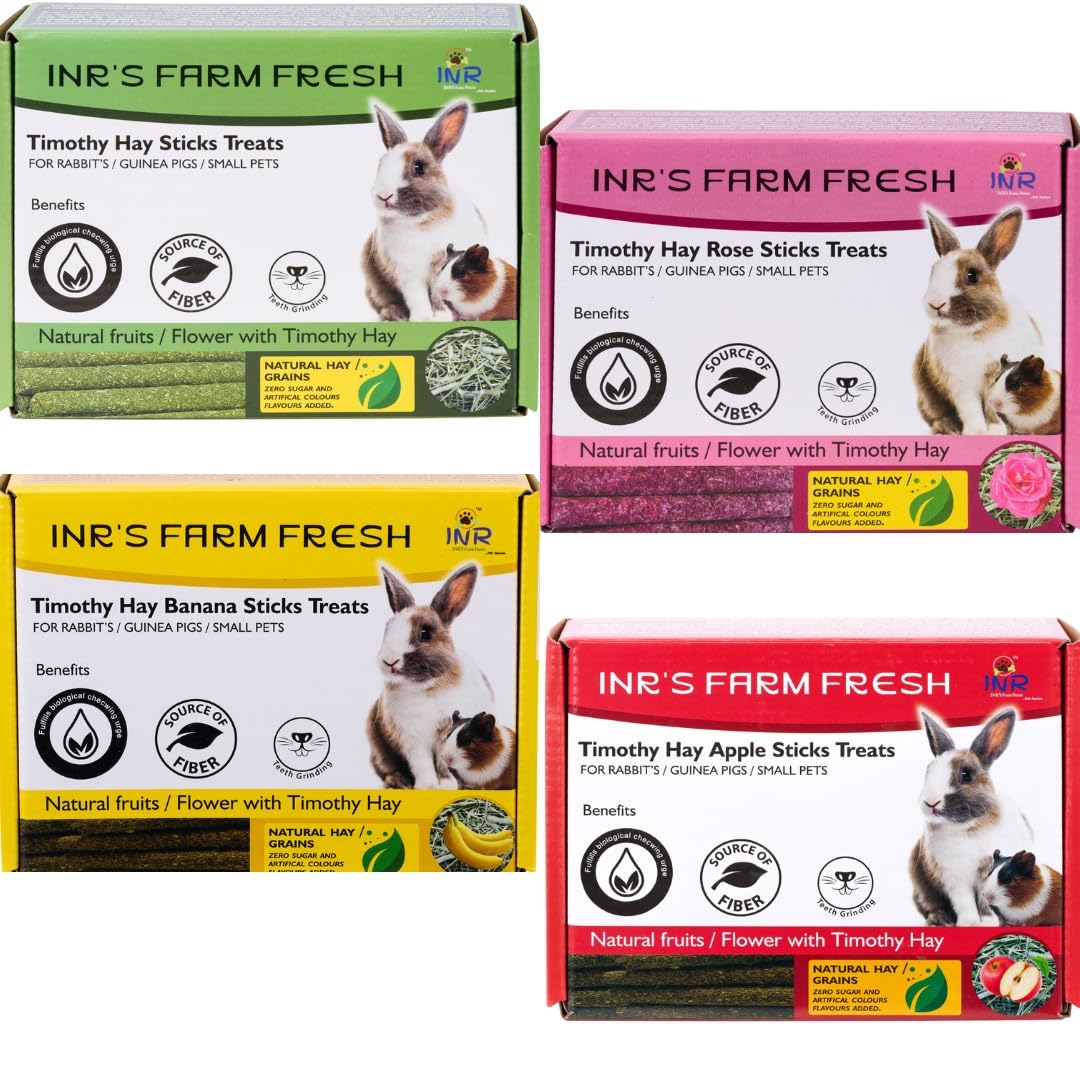 inr's farm fresh timothy hay stick treats variety pack of 4(125g each) for rabbits, guinea pigs & small pets (plain, apple, banana, rose flavors) | high-fiber natural snacks for small pets