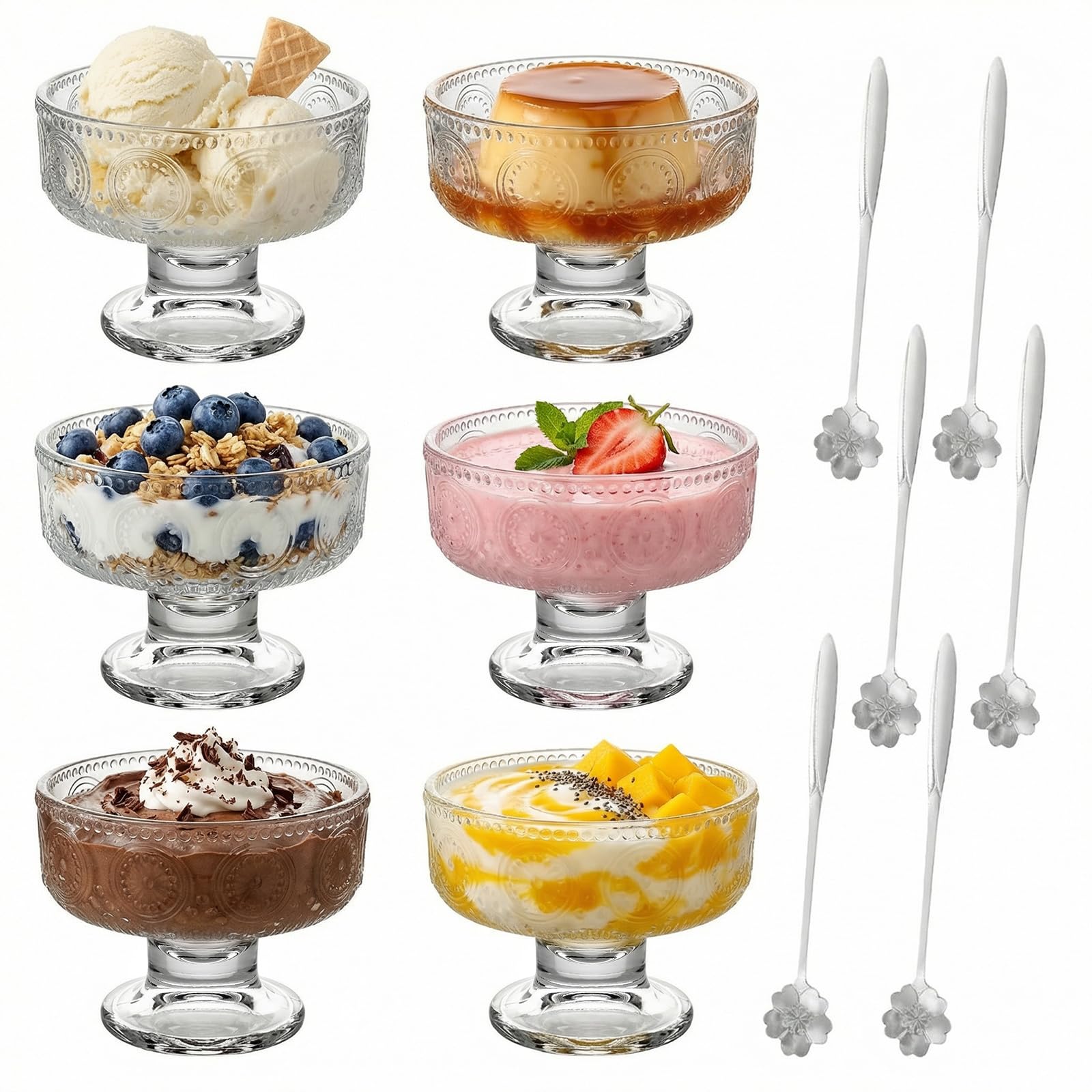 6 Pack Glass Dessert Bowls, Ice Cream Bowls, Prawn Cocktail Glasses Sunflower Pattern Sundae Glasses with 6 Long-Handled Cherry Blossom Spoons for Trifle Salad Yogurt Cake Bowl for Home Party Wedding