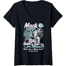 Women's Mack Trucks Distressed Checkered Flag Racing Trucker V-Neck T-Shirt