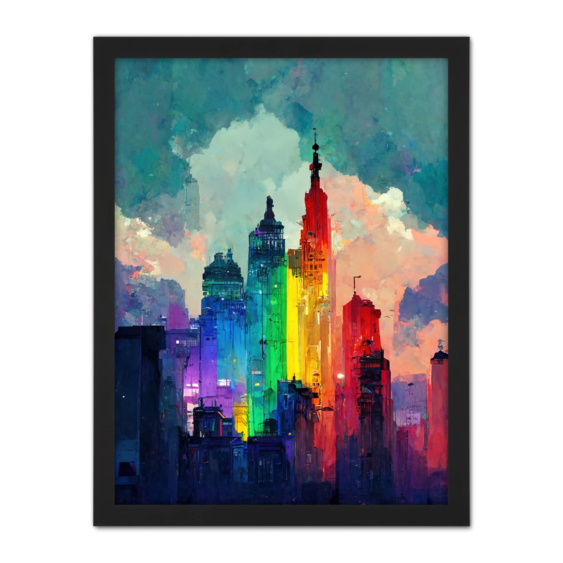 Wee Blue Coo Rainbow Skyscrapers Skyline Cityscape Abstract Multicoloured Painting Artwork Framed Wall Art Print 18X24 Inch