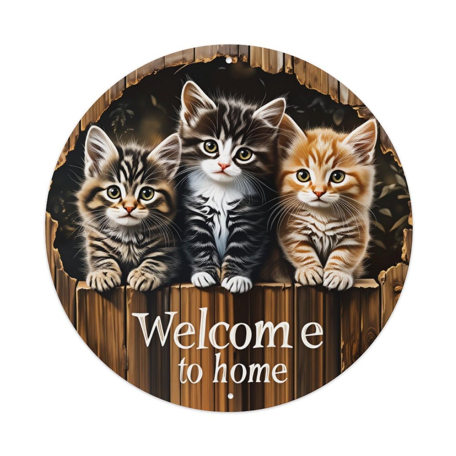 Cute Kittens Welcome Home Round Tin Sign Retro Metal Sign for Cafe Bar Pub Home Game Room Gym Club Wall Decoration Vintage Metal Poster 8x8 Inch