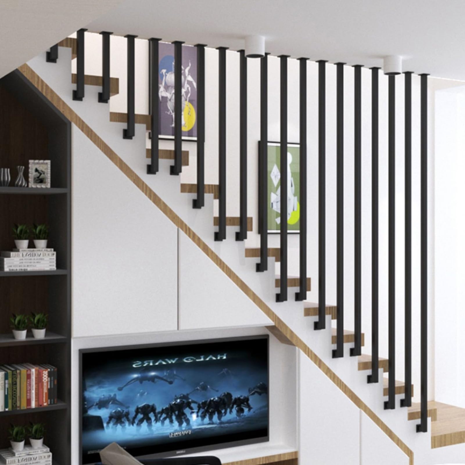 Lanmmraifc Metal Hand Rails for Indoor Stairs, Ceiling Mounted Staircase Handrails L-Shaped Stair Banister Railing, Black Industrial Balustrade Post Safety Guardrail(4.3ft/130cm)