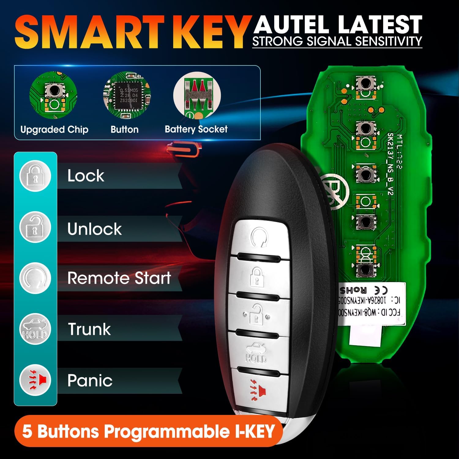 Autel MaxiIM IKEY Programmable Car Key, IKEYNS005AL Key Fob Replacement for Nissan, 5 Buttons Blank Key Work with Autel KM100(X) IM508S IM608S II, 315/415MHz, 130FT/40M Ultra-Long Range