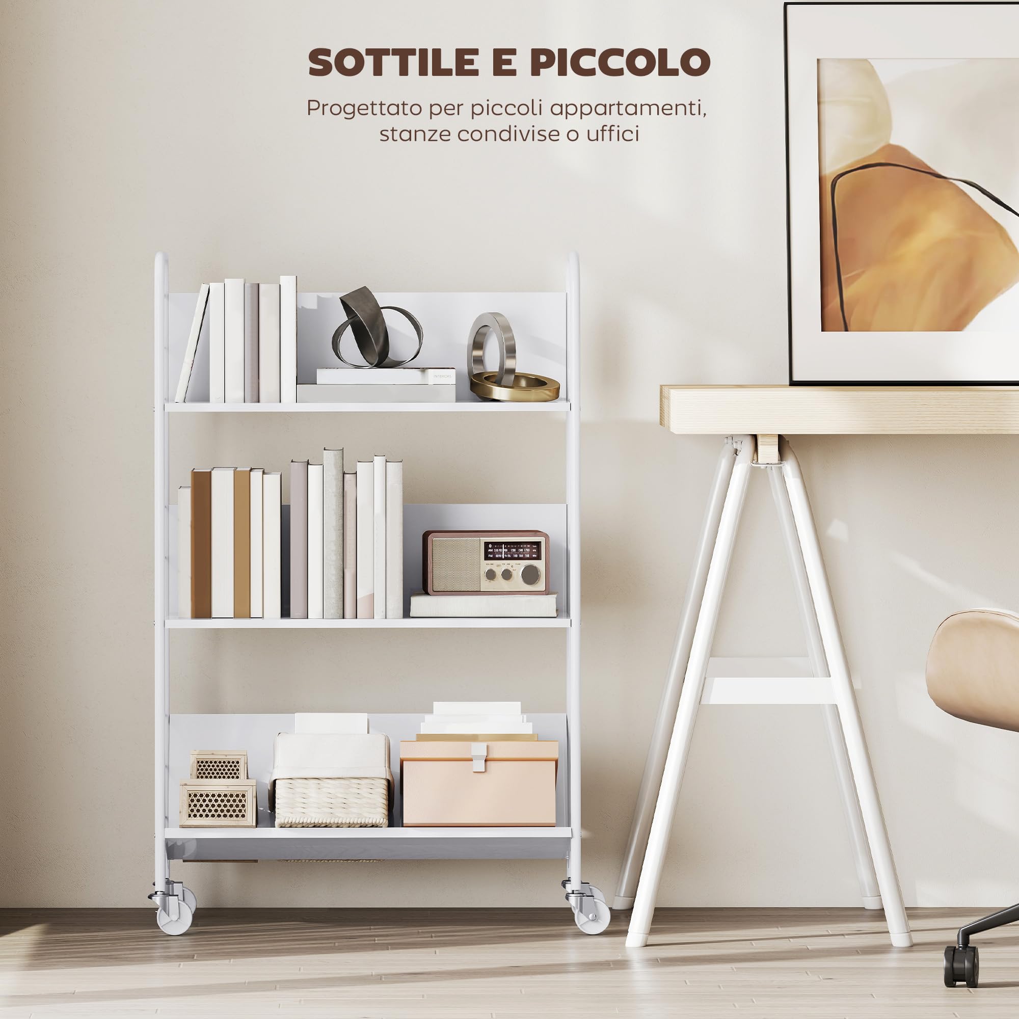 HOMCOM Carrello Portalibri a 3 Livelli in Metallo con Ruote Girevoli con Freno, Libreria Scaffale Moderno per Libri e Riviste, per Soggiorno, Camera da Letto, 69x26x108 cm, Bianco