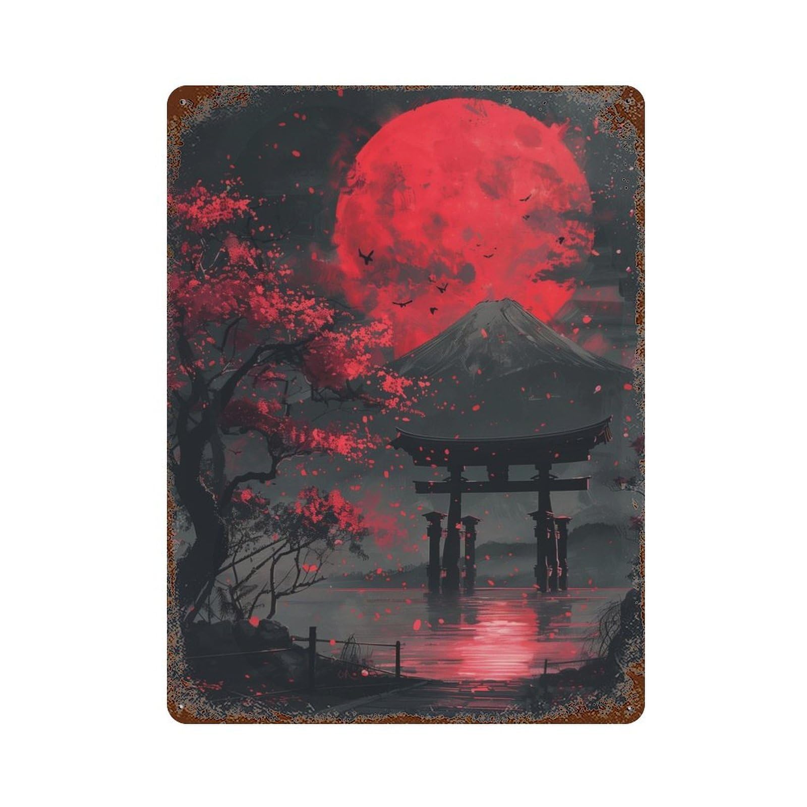 Red Moon Torii Gate Fuji Vintage Wall Sign 15.7"x11.8", Rust Effect Metal Decor for Basement, Hobby Room And Garage Decor