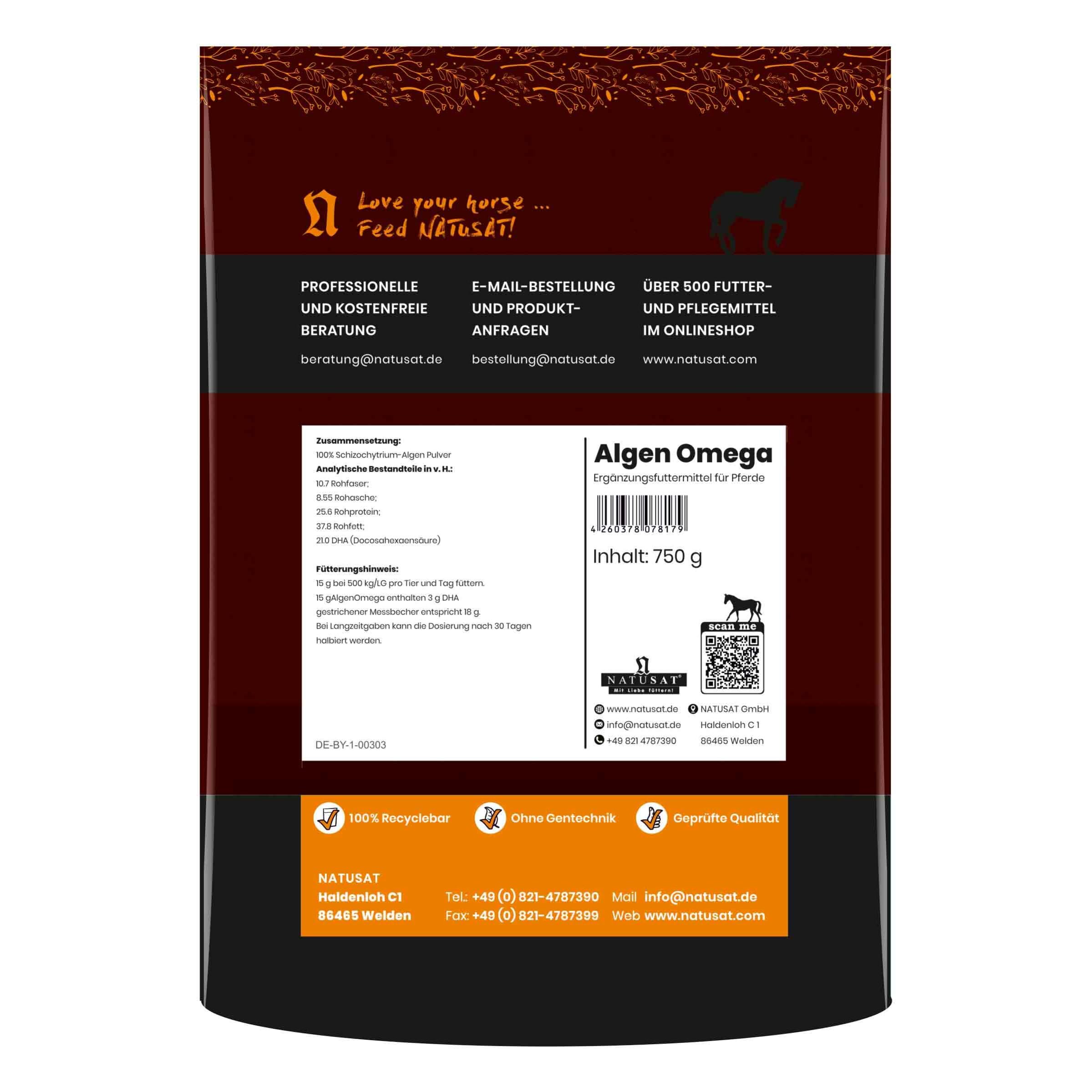 Natusat Algen-Omega 750 g-Pferdevitamine & -Mineralien, Quelle für hochwertige Omega-3-Fettsäuren, Power aus der Alge Schizochytrium, Reine Qualität ohne Zusätze oder Konservierungsmittel