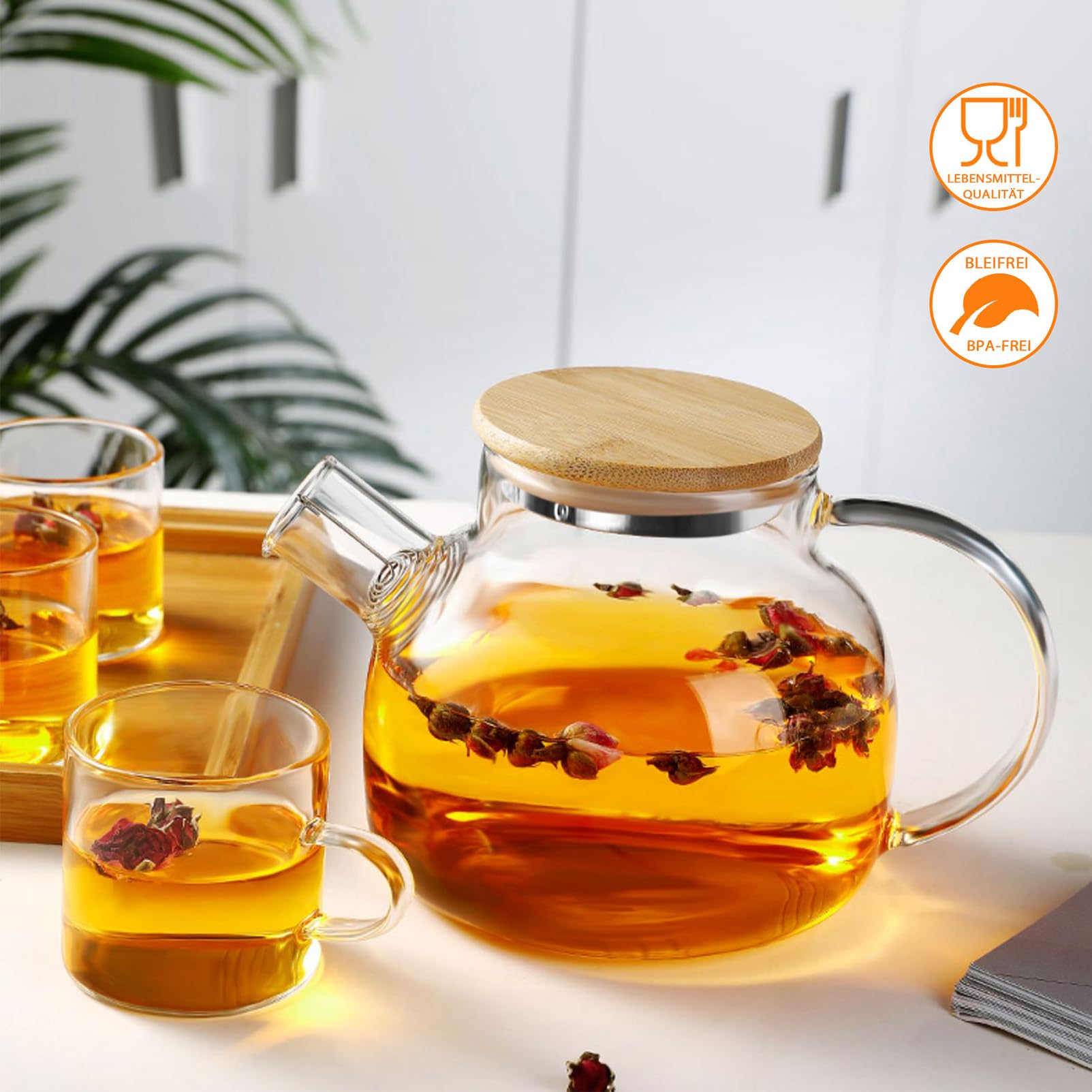 Teiera con colino, 1000 ml, in vetro con coperchio in legno, resistente al calore, con filtro rimovibile, design moderno ed elegante per tè, tè e succo di fiori