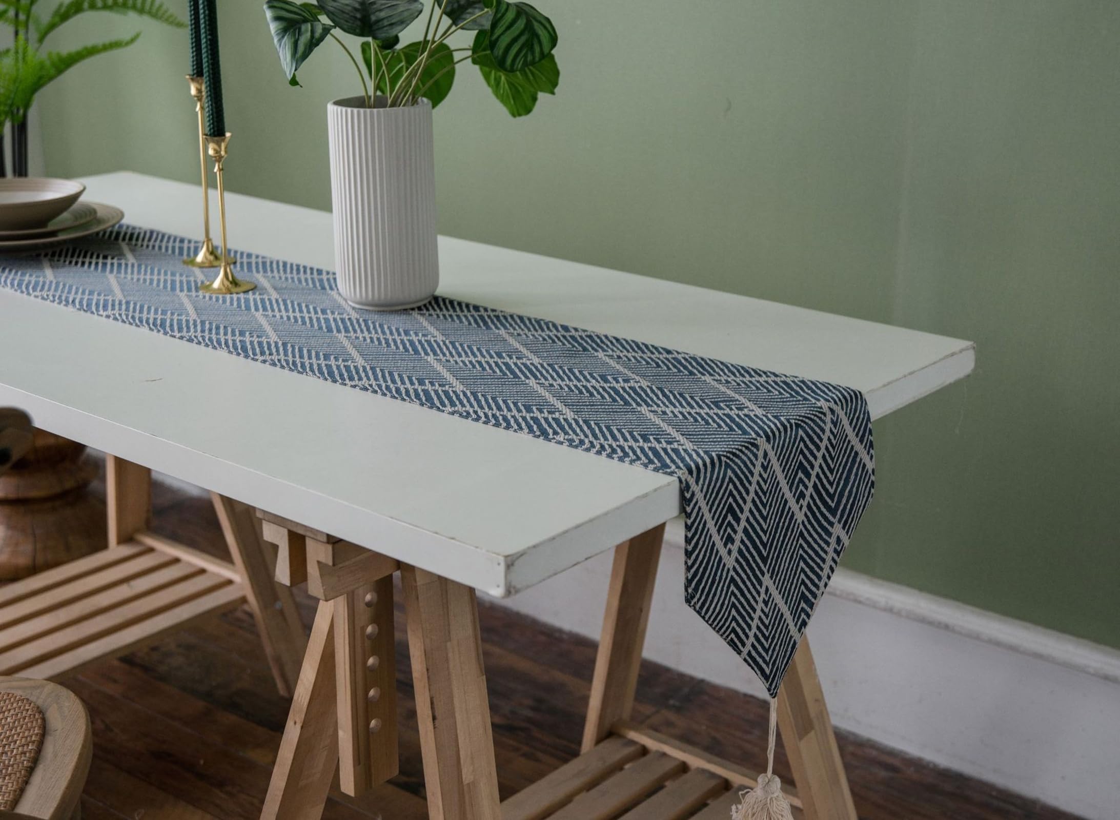 Marineblau Tischläufer Polyester Baumwolle, Esstisch Tischläufer Abwaschbar Dreieckrand Jacquard Welle Gestreift Muster mit Quasten Tischdecke für Küche Dekor, 30x220 cm, Marineblau
