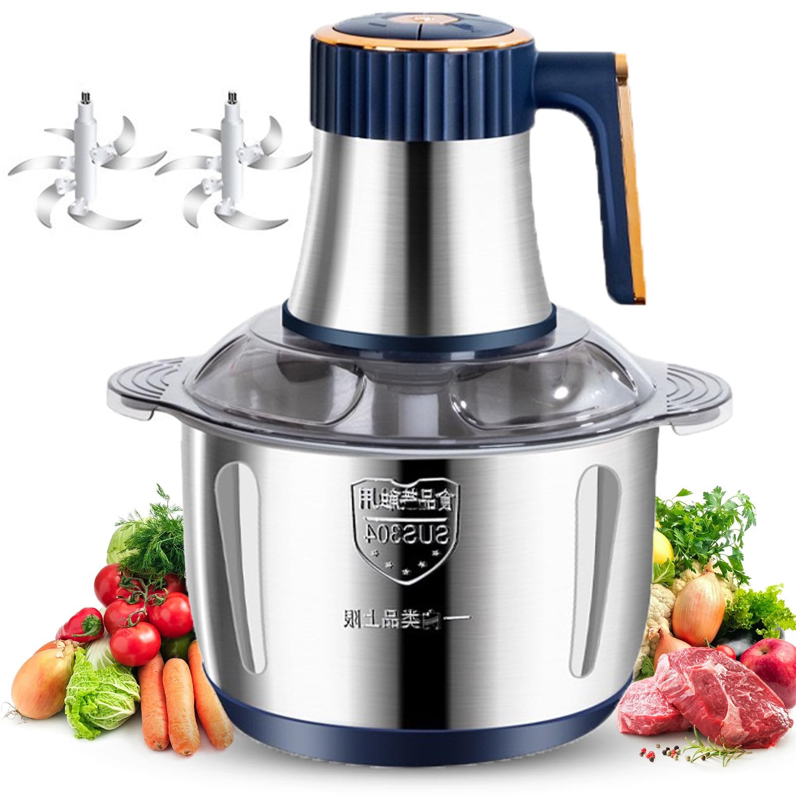 Procesador eléctrico de alimentos, potencia de 500 W, capacidad de 5 litros, acero inoxidable, 5 velocidades, 2 cuchillas para carne, verduras, frutas, frutos secos, masa