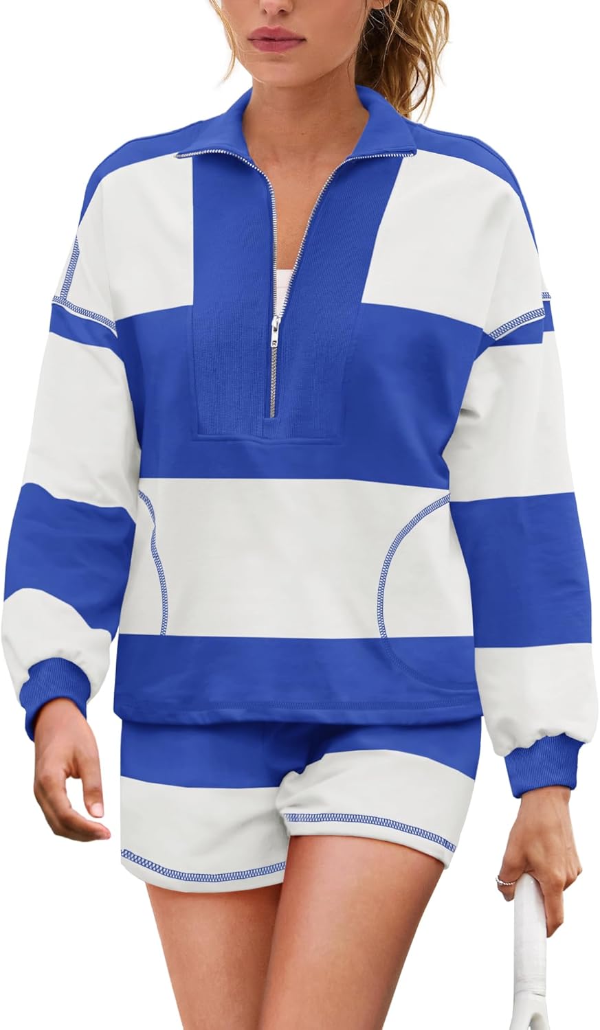 Yanekop Womens Oversized Striped Set Matching Workout Sets Lounge Sets 2 Piece Outfits Half Zip Pullover and Shorts Set - Image 2