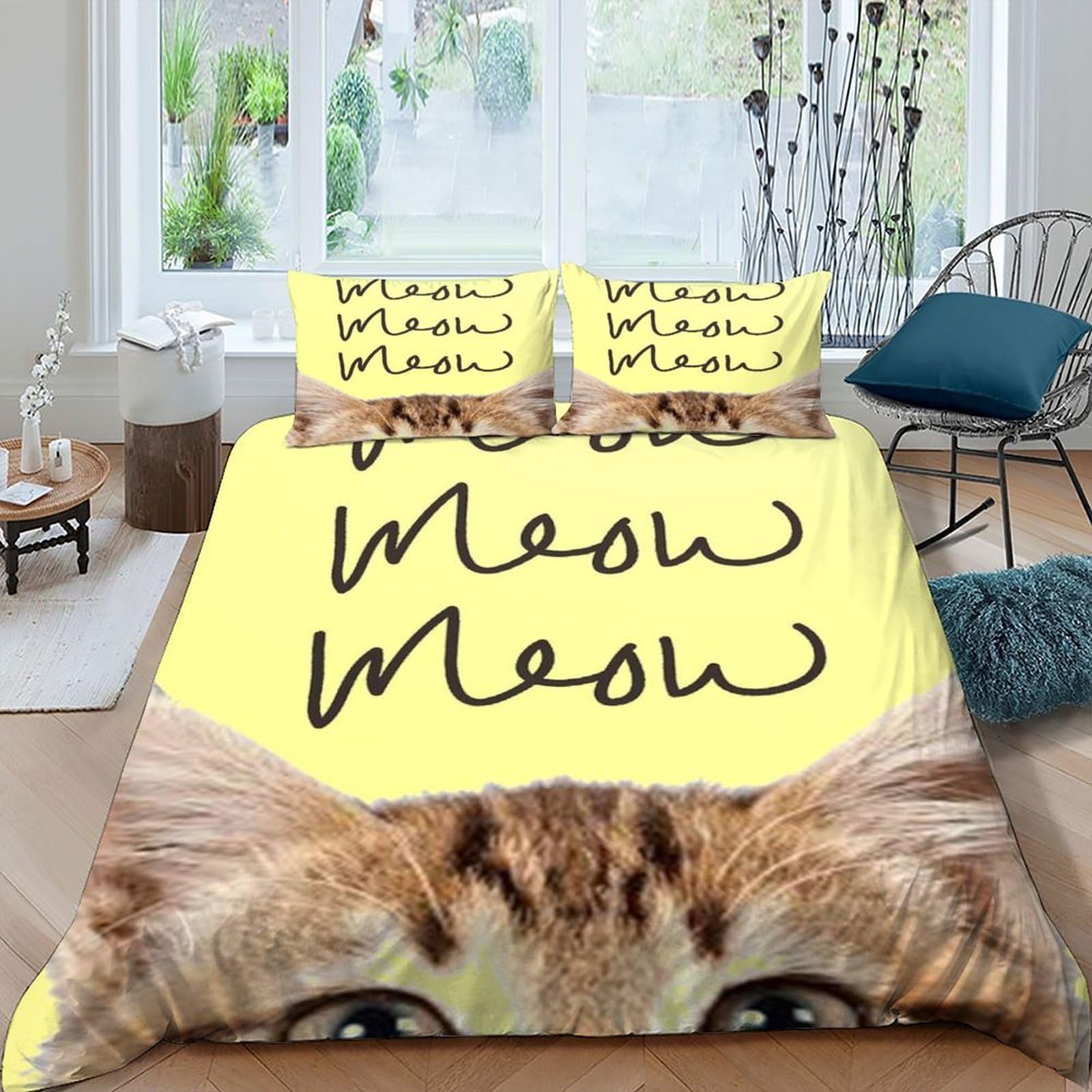 Housse de couette chat motif 3D relief ensemble lit microfibre 3 pièces