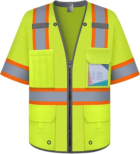 TCCFCCT Hi Vis - Chaleco de seguridad reflectante de alta visibilidad con 9 bolsillos para hombres y mujeres, chaleco de trabajo de construcción de