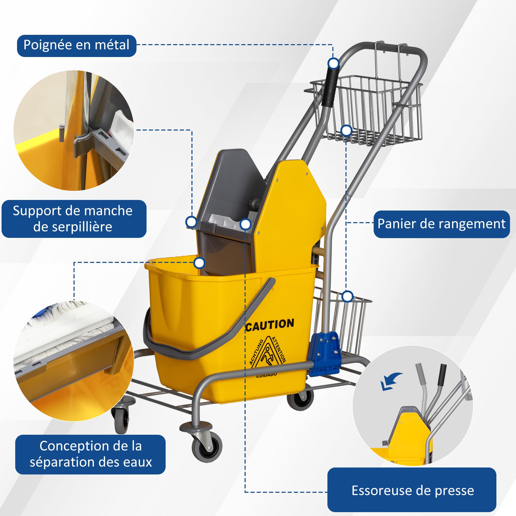 HOMCOM Chariot de ménage Chariot de Lavage Chariot de Nettoyage Professionnel Presse à mâchoire Seau 26 L + Panier de rangements dim. 73L x 45l x 95H cm Jaune