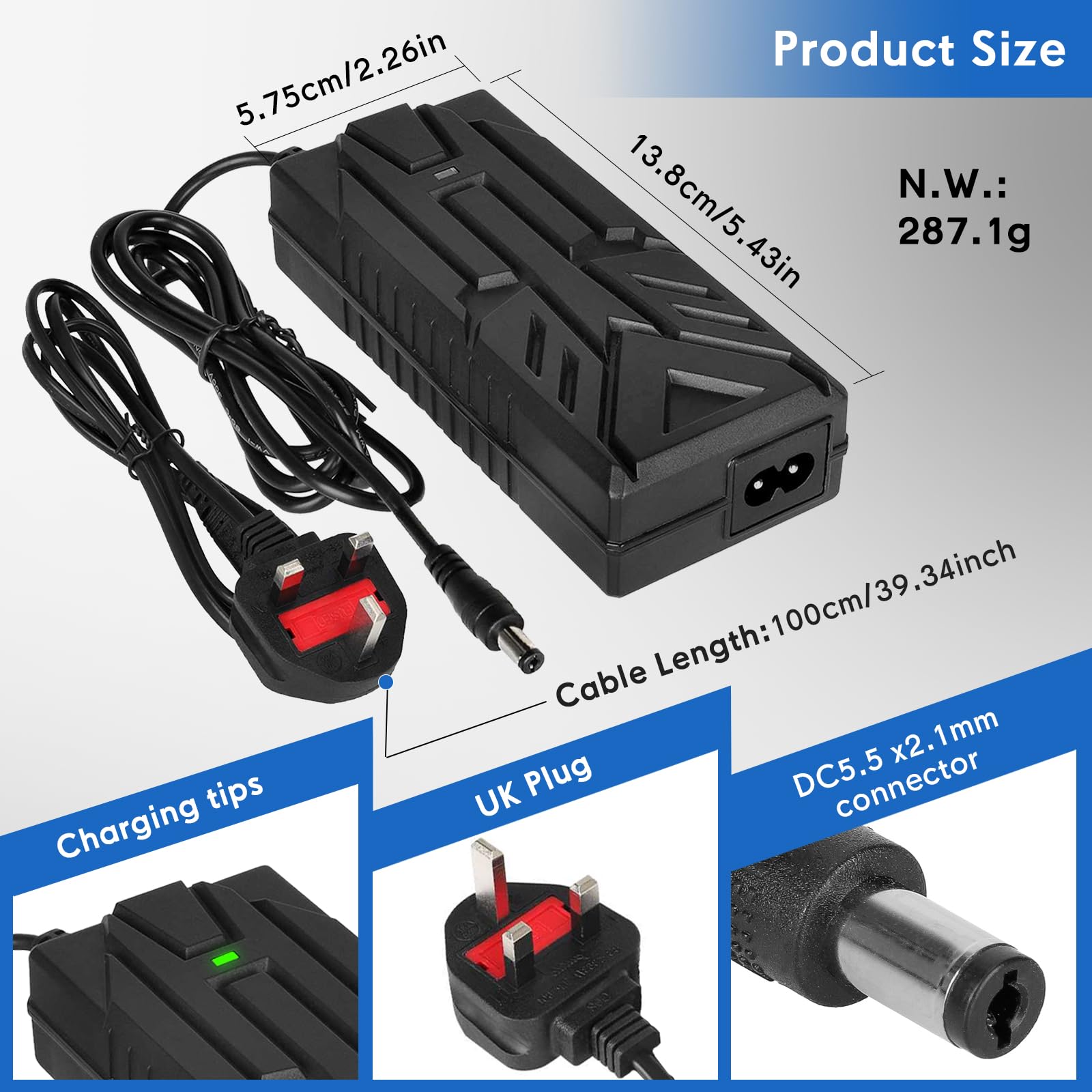 Cargador Patinete Electrico，42V 2A Cargador Patinete Xiaomi，36V Carrgador Universal baterías Litio con 3 Conectores，Carga rápida para Hoverboard,E-Bike,Scooter+2L Bolsa Impermeable
