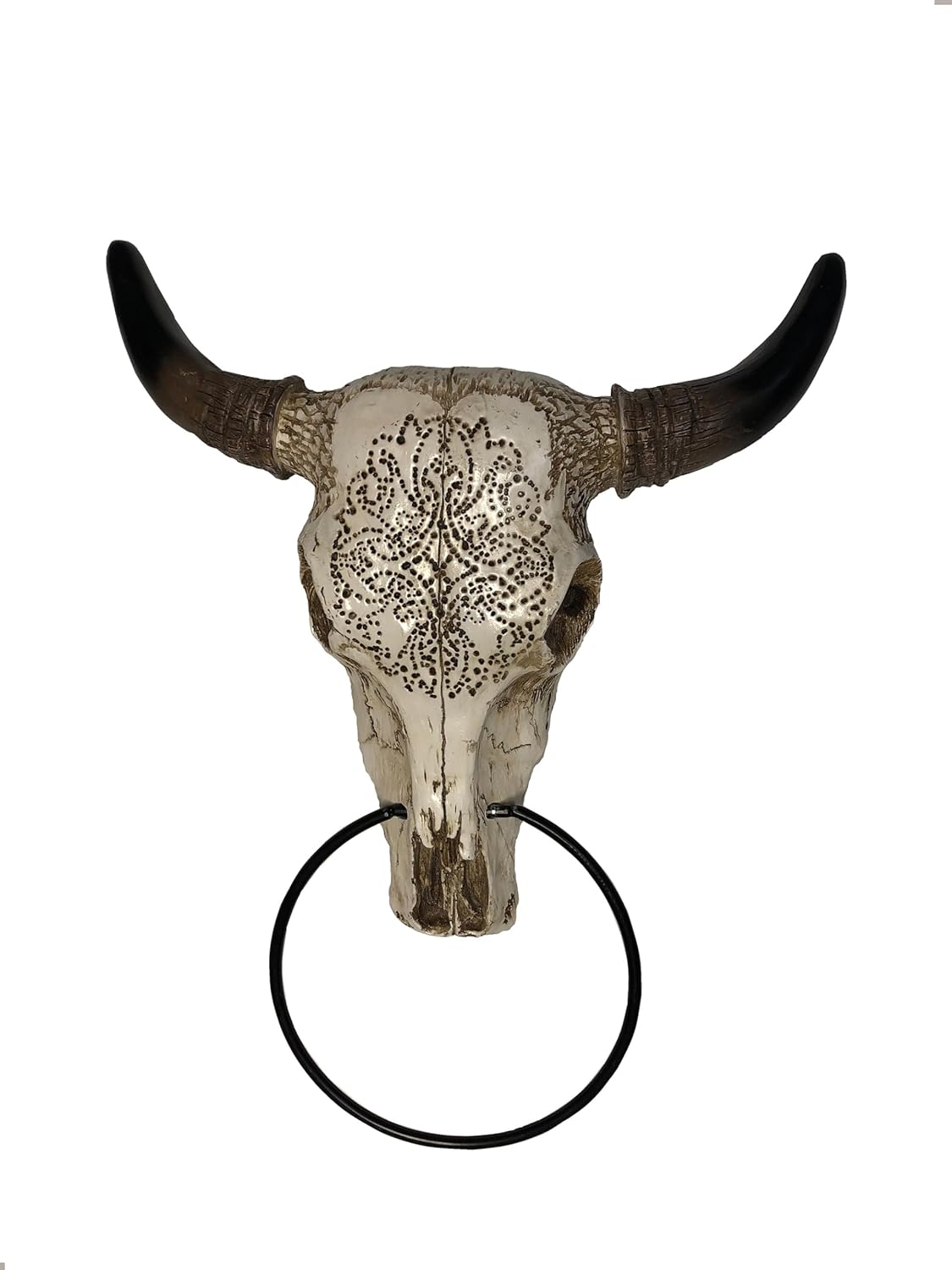 De Leon Collections Bathroom Kitchen Decorative Hand Towel Ring Hanger, 16.5 Inch Polyresin, Tooled Skull