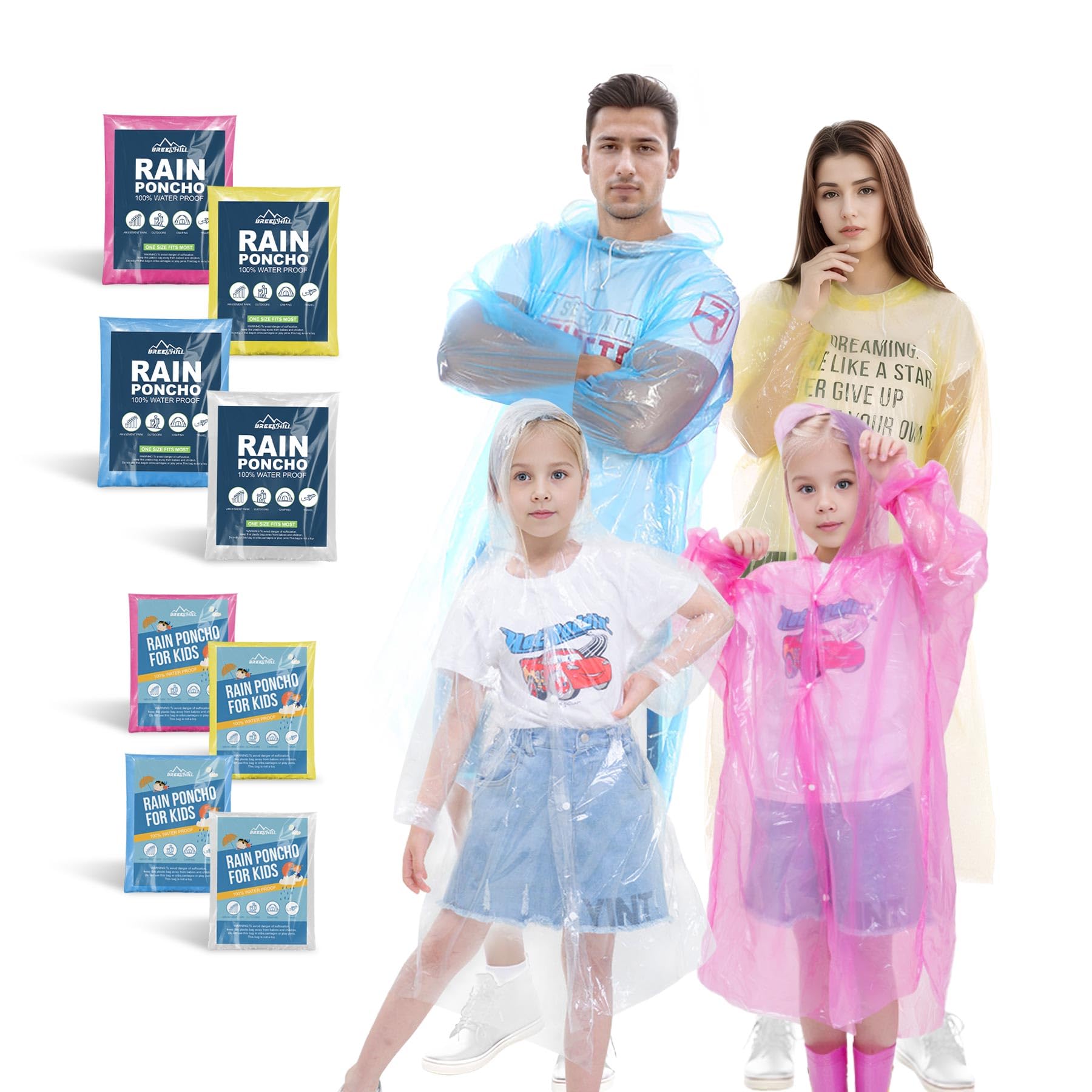 BREENHILL Disposable Rain Ponchos for Kids,Clear Kids Ponchos,Emergency Poncho,Rain Ponchos Family Pack,Individually Wrapped