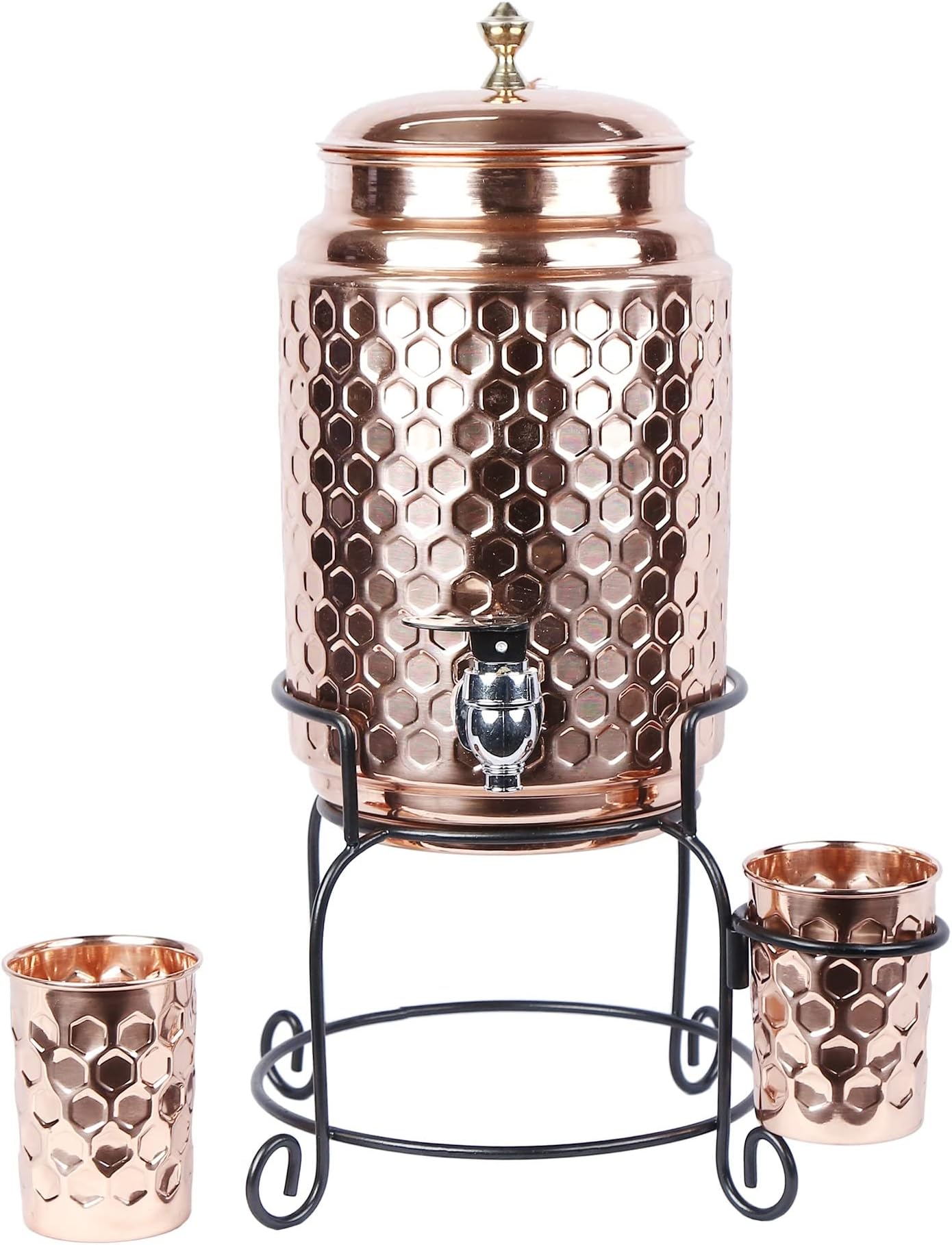 R Ayurveda CopperHandmade Copper Matka Hammer With Dotted Honey Diamond Design With Stand And Two Glass, 5 Liter, 3-Piece, Clear