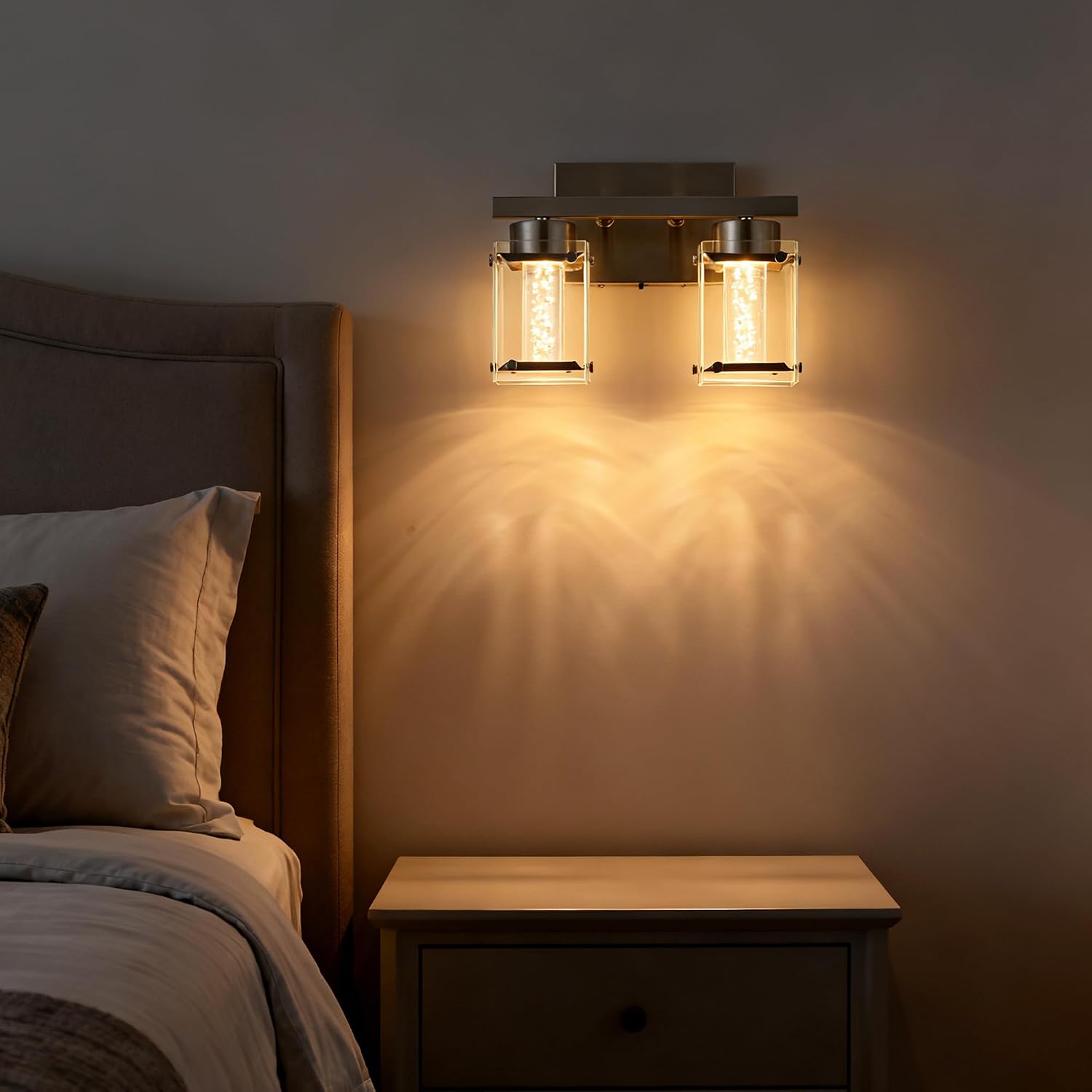VINLUZ 2-Light Brushed Nickel Vanity Light with 5 Color Modes,Indoor Eye Protection LED Bathroom Lighting Fixture Dimmable Wall Lights Over Mirror with Clear Glass Shade