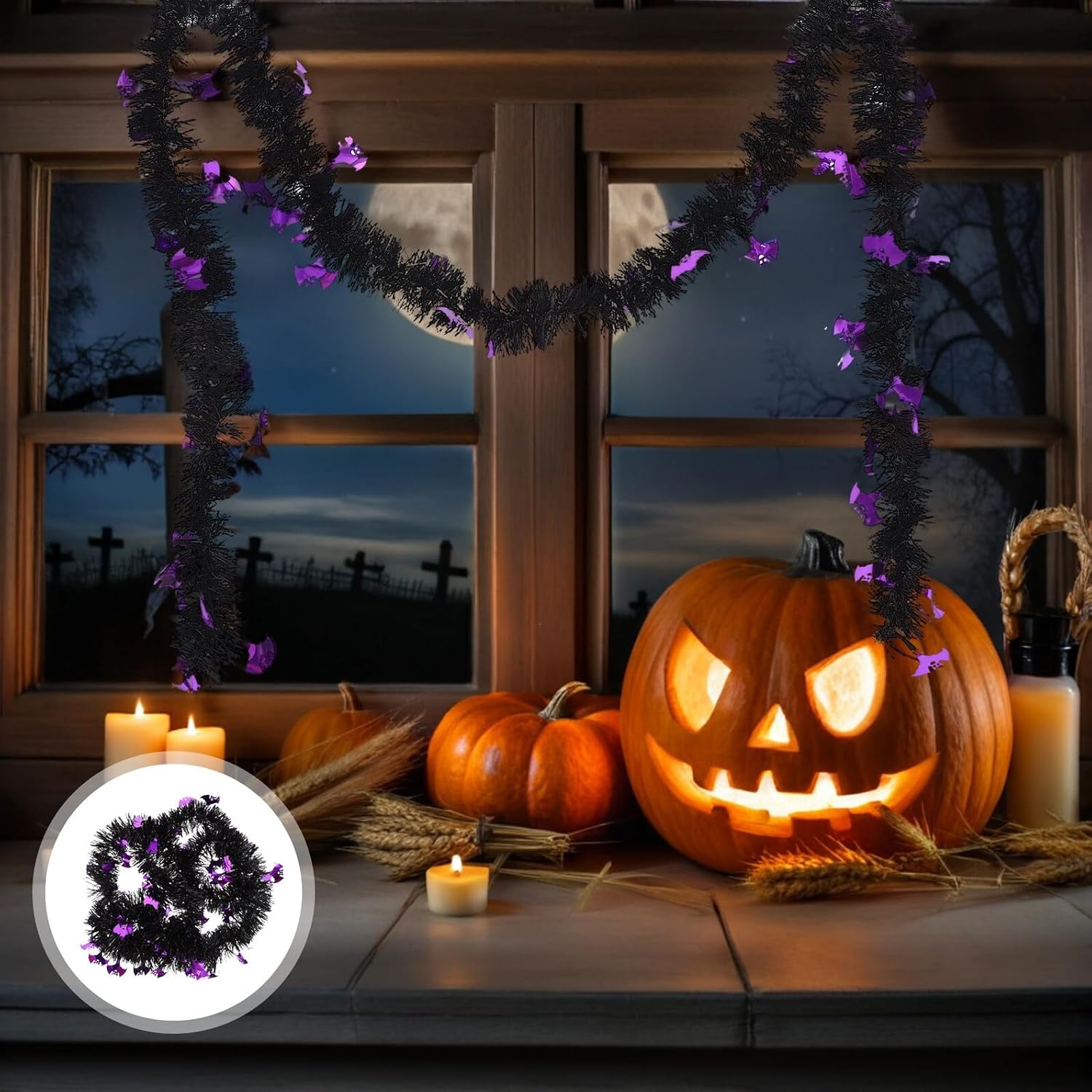 Mobestech 5pcs Halloween Ghost Tinsel Garland Shiny Metallic Twist Foil Hanging Decor for Indoor Outdoor Party Ceiling Classroom Holiday Events Black