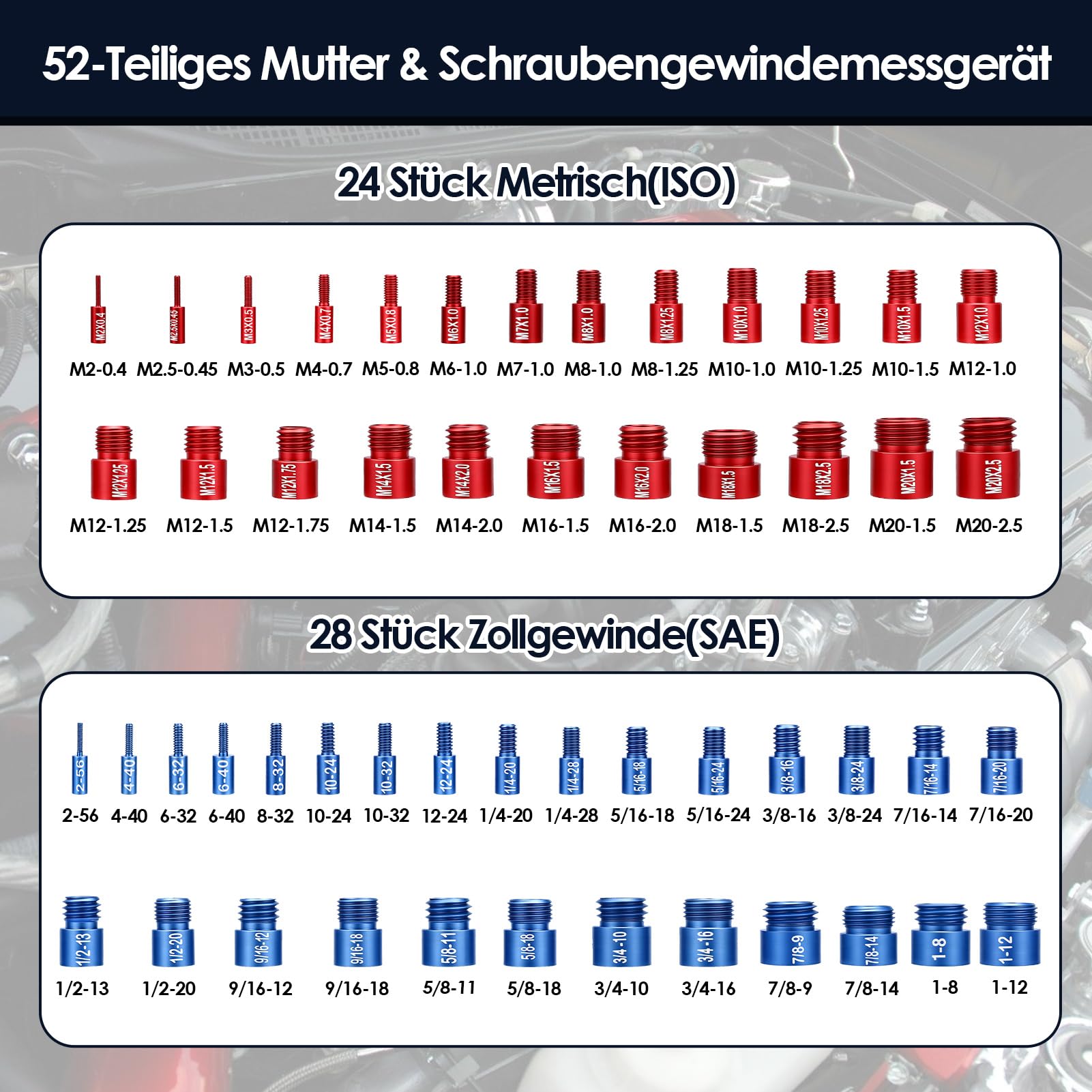 Schrauben Gewinde Prüfer Set 52-teilig Aluminium Aufbewahrungsbox 28 Zoll 24 Metrisch
