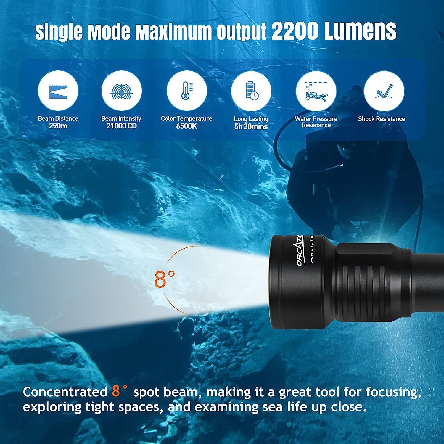 ORCATORCH Luz de buceo D511, máximo 2200 lúmenes, linterna subacuática con haz de 8 grados, interruptor giratorio impermeable IP68, antorcha de buceo nocturna
