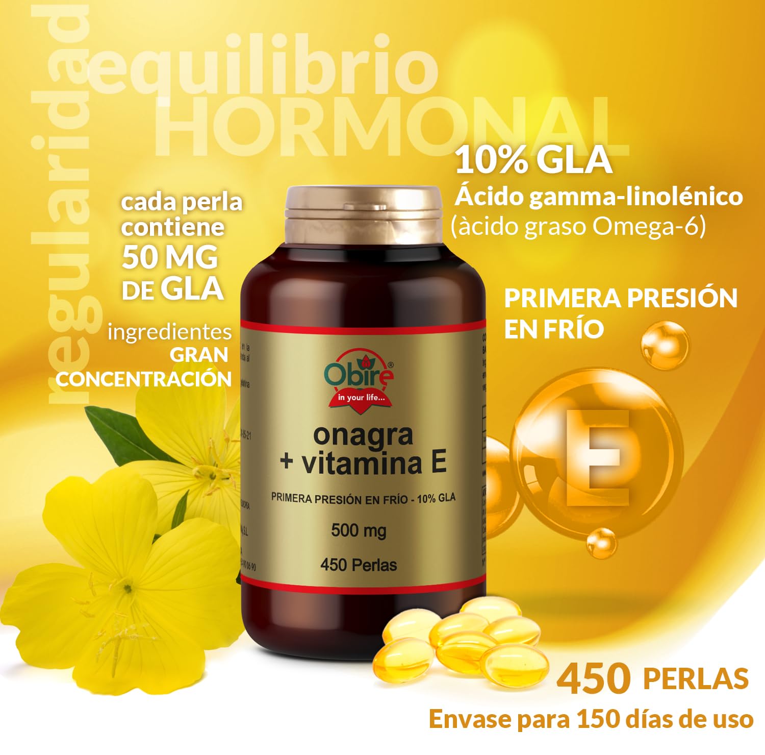 Obire Aceite de Onagra 500 mg con 10% en GLA (Ácido Gamma-linolénico) + 3,35 mg de Vitamina E - 450 perlas, 3 Unidades