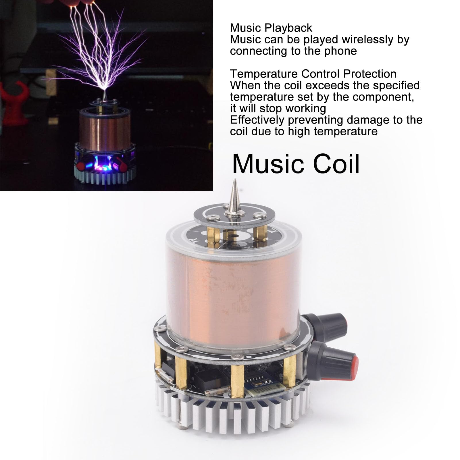 Music Coil Bluetooth Music ARC Generator con luci a LED surriscalmento della protezione in lega 48 V giocattolo desktop in acciaio per appassionati di scienze e collezionisti