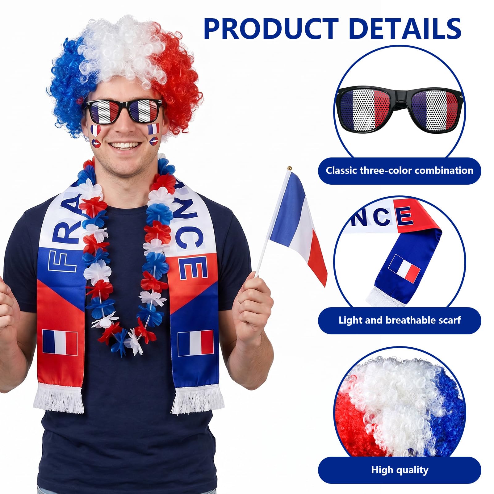 9 Pièces Kit Supporter France, Coupe du Monde 2026 Football Accessoire Bandeau Écharpe Perruque Tatouages Temporaires Lunettes Collier de Fleurs, Drapeau à Main Accessoire Supporters France