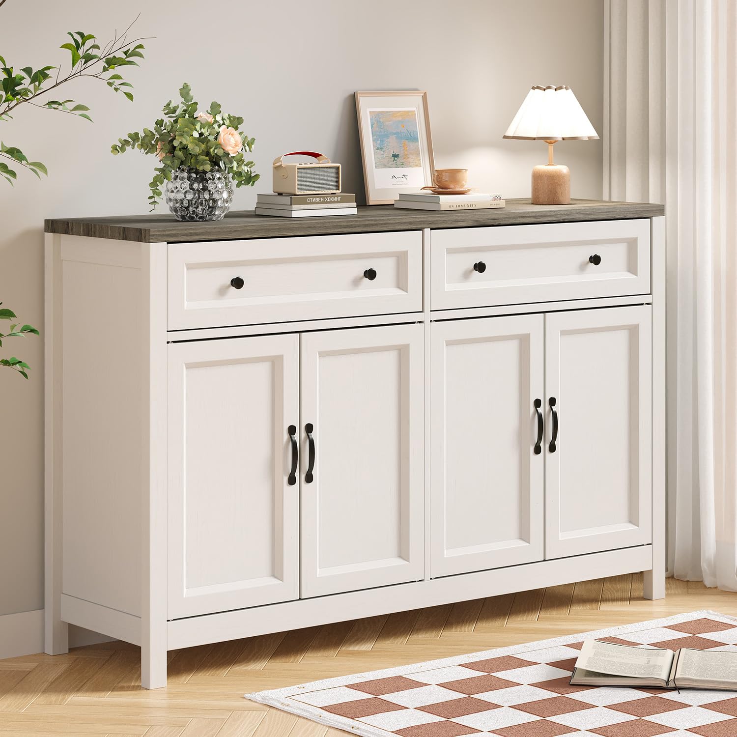 Sideboard, Küchenschrank mit Arbeitsplatten, Küchenbuffet Aufbewahrungsschrank mit 2 Schubladen und 4 Türen, für Wohnzimmer, Küche, Esszimmer, 40 x 140 x 90 cm, Grau