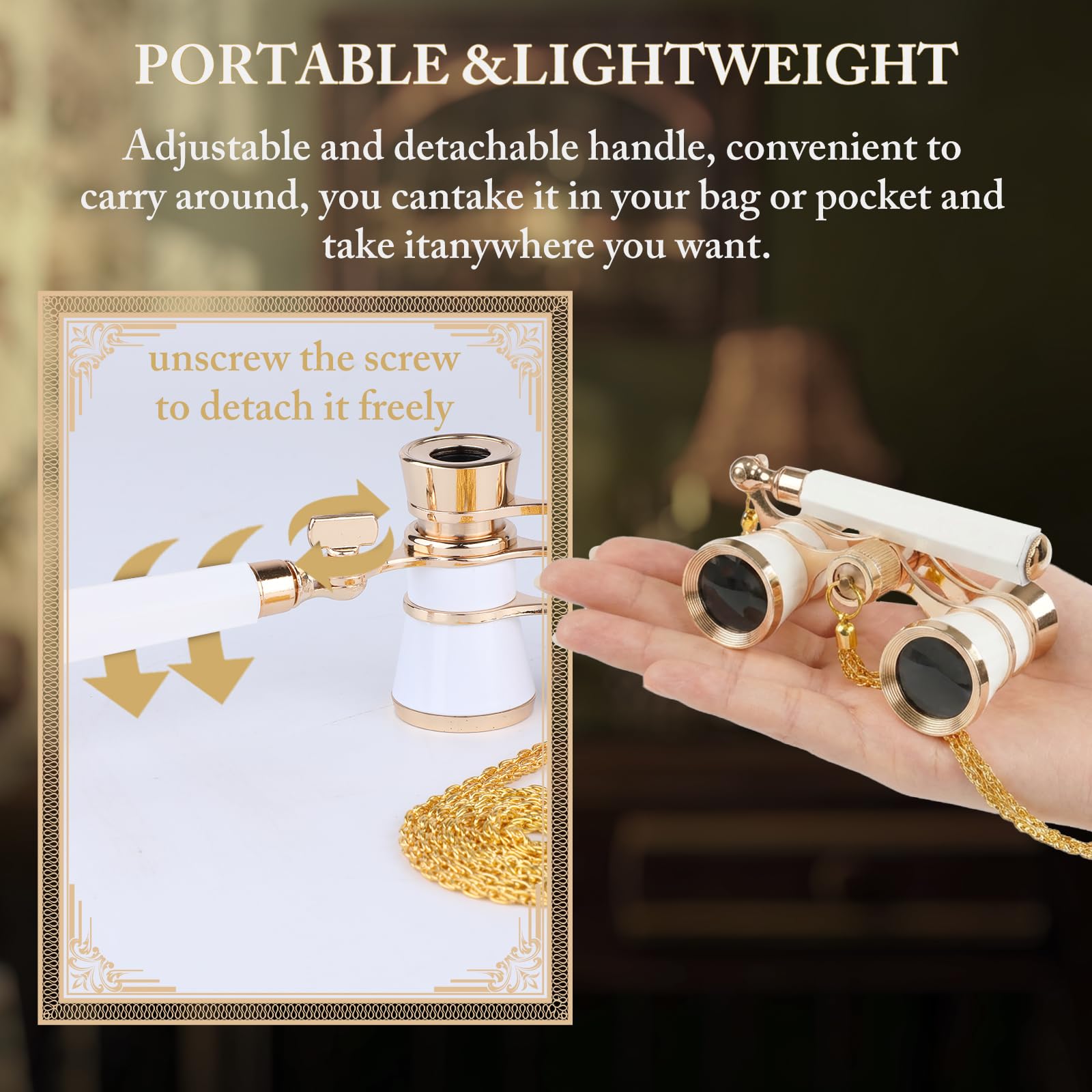 Lornetka 3 × 25 cm, wykonana z metalu, w stylu vintage, szlachetne wykończenie, z regulowanym uchwytem dla dorosłych, dzieci i kobiet – idealna do muzykaliów, koncertów i kina (W)