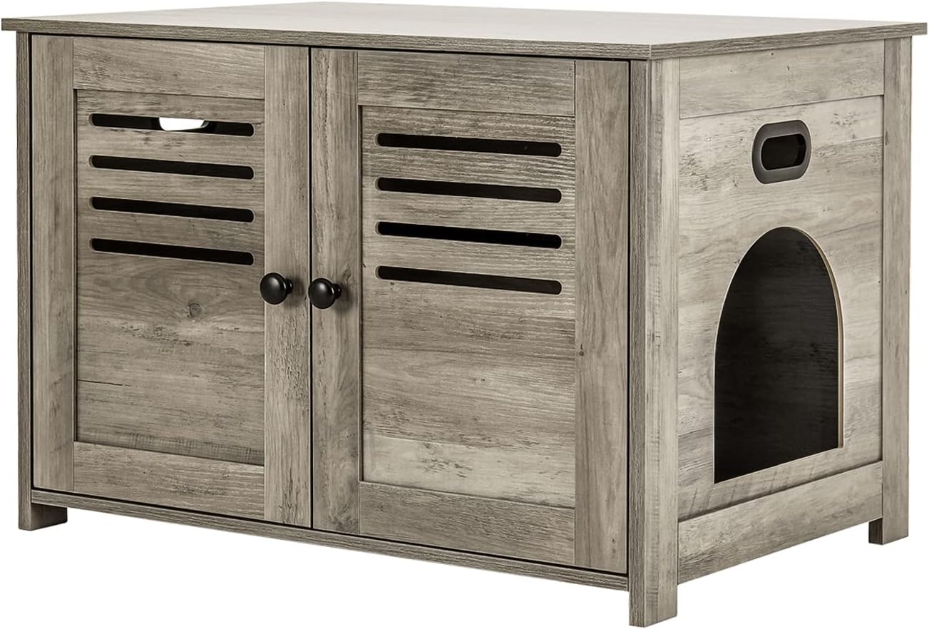 DINZI LVJ Litter Box Enclosure, Cat Litter House with Louvered Doors, Entrance Can Be on Left or Right Side, Spacious Hidden Washroom for Most of Box, Furniture Cabinet, Grey Wash
