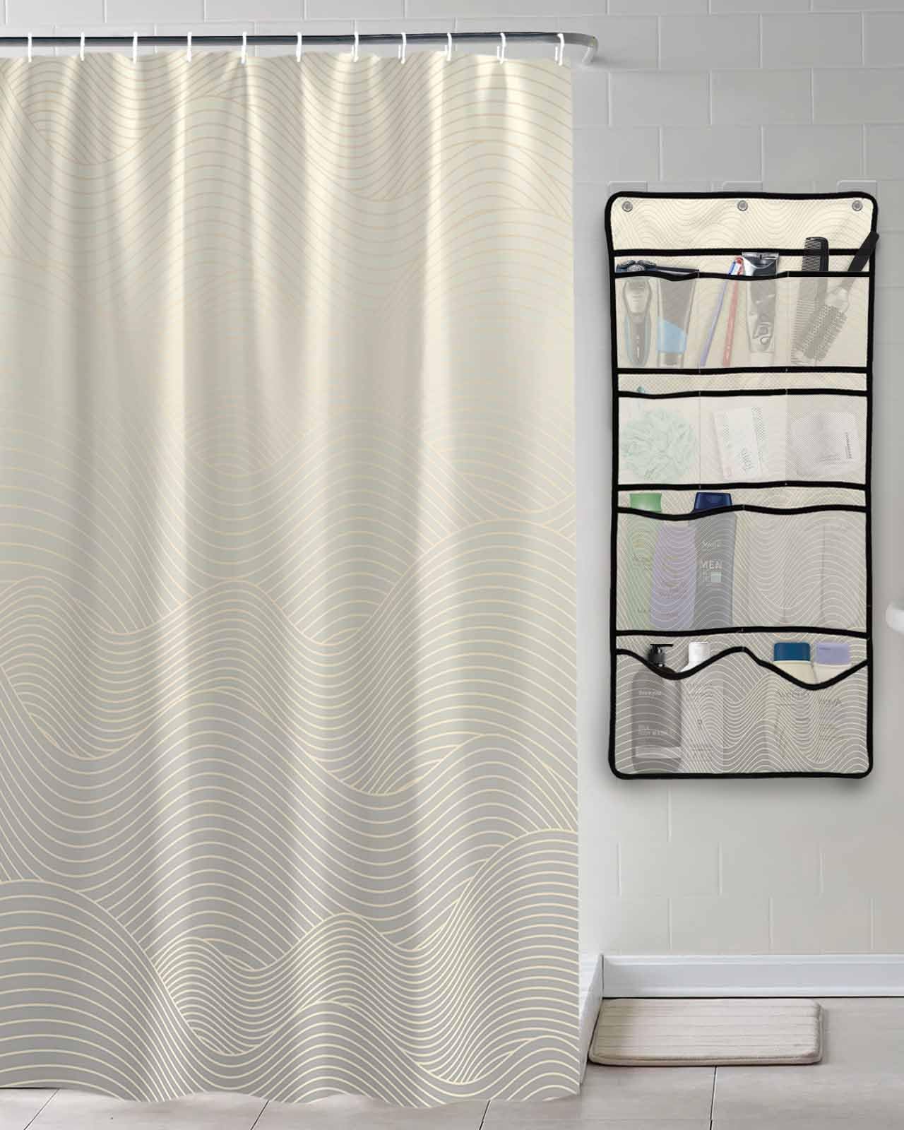 Shower Curtain Mesh Shower Organizer Hanging Set Abstract Gradient Line Art Waterproof Shower Curtains with 10 Pockets Quick