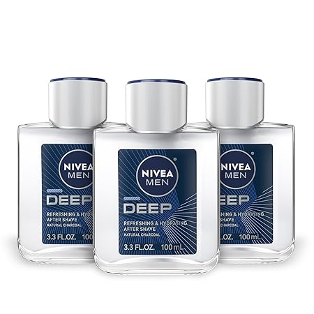 NIVEA Men DEEP Refreshing and Hydrating After Shave with Natural Charcoal, Aftershave Lotion for Men Soothes Shave Irritation, Vanilla and Bourbon Scent, 3.3 Fl Oz Bottle, Pack of 3