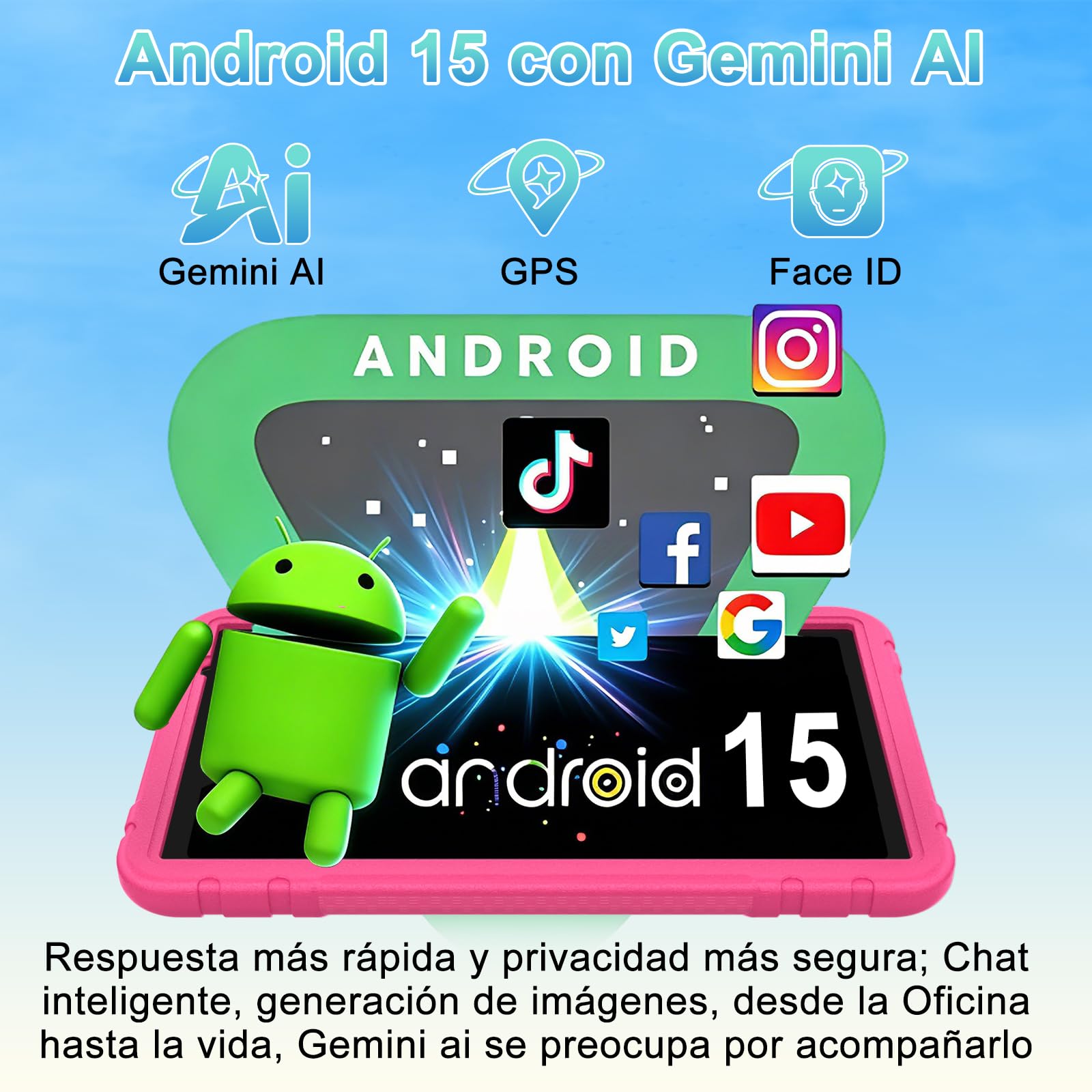 Tablet niños 10 Pulgadas Android 15 con Gemini AI 30 + 128GB (TF 2TB), Octa-Core, GPS, WiFi 6, Widevine L1, 8000mAh, Control Parental, Protective Antichoque Eva + Soporte giratorio de 360° -Rosa