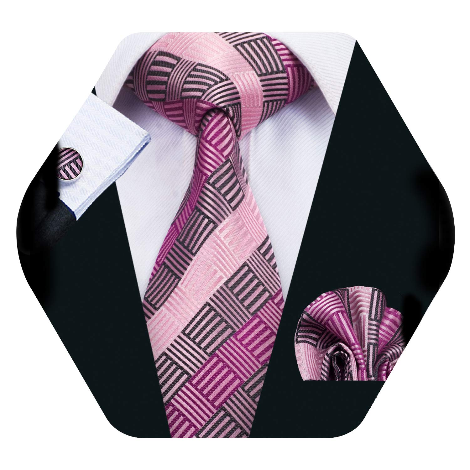 YOHOWACheck Tie Set Men Pocket Square Cufflinks Silk Plaid Business Tie Wedding Fashion