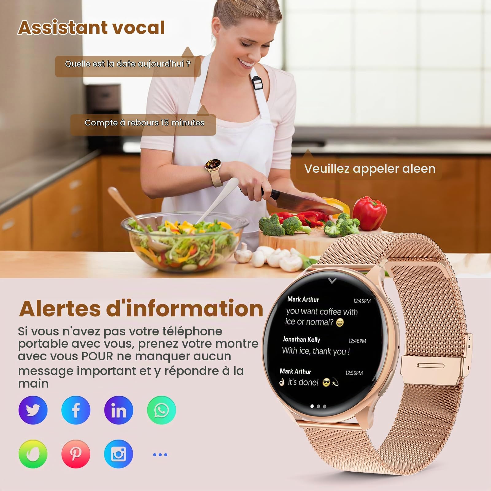 SLOKSFil Montre Connectée Femme avec Appel Bluetooth, 1,39'' HD Smartwatch Ronde, 24H Fréquence Cardiaque/Tension Artérielle, SpO2/Sommeil, 120+ Sports Podomètre Roségold (Or Rose)