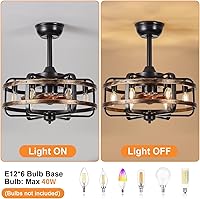 Vista 7 de Caged Ceiling Fans with Lights Black Farmhouse 18‘’ Flush Mount Bladeless Rustic Chandeliers Fan Lights with Remote Vintage Reversible Ceiling Fan