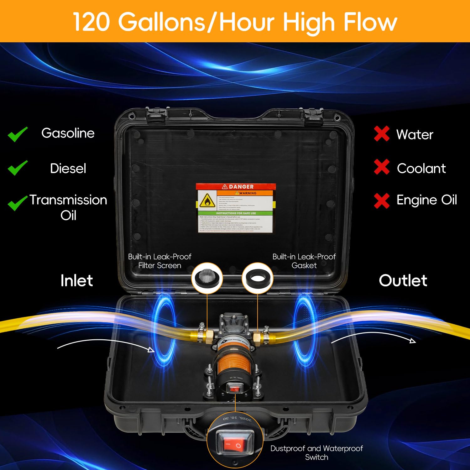 Juego de bomba de transferencia de combustible de 12 V, mueve hasta 120 galones de gas o diésel por hora con motor de 80 W CC y funda de transporte mejorada, adecuada para vehículos, barcos, equipos