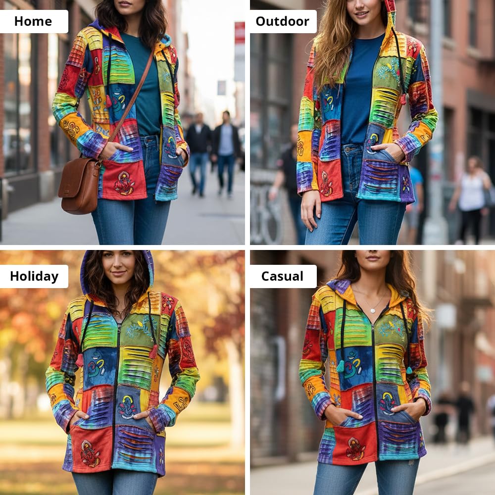 SHOPOHOLIC FASHION Femmes Vif Découpé Patchwork Hippie Capuche