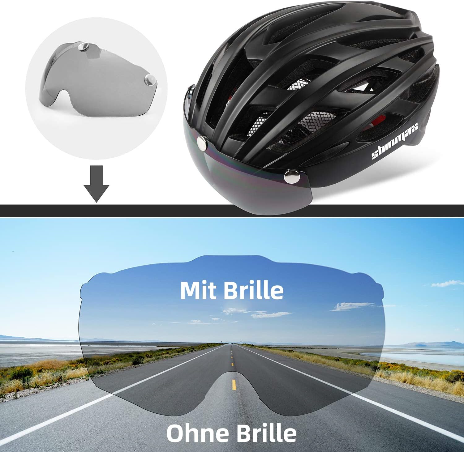 Hiru views of the Shinmax HT-19 helmet demonstrating the magnetic visor in different positions: off, flipped up, and lowered for eye protection.